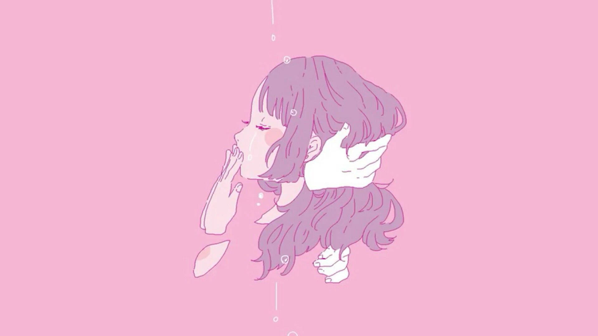 审美哭泣动漫女孩在粉色背景中被骷髅手拥抱的壁纸。