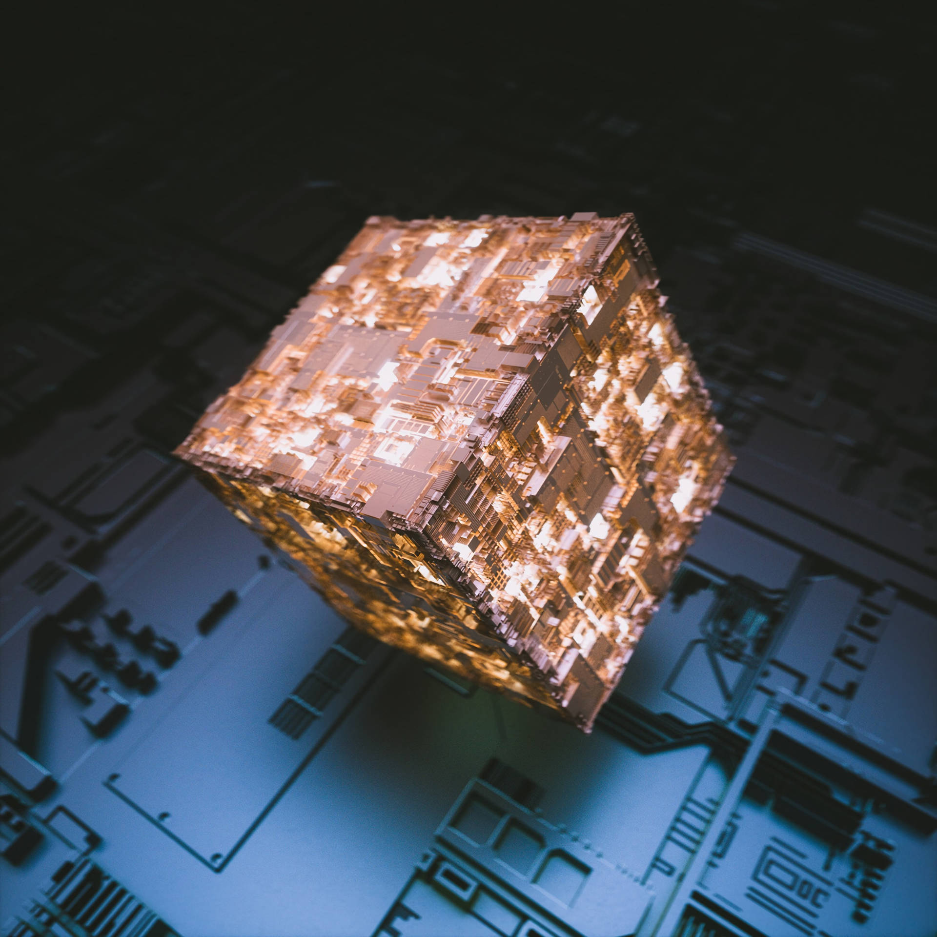 黑暗中发光的3D金色辉光石立方体壁纸