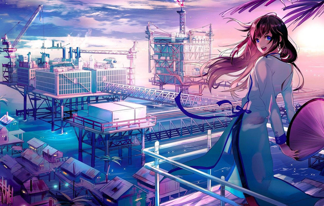 日本动漫城市与粉发少女 壁纸