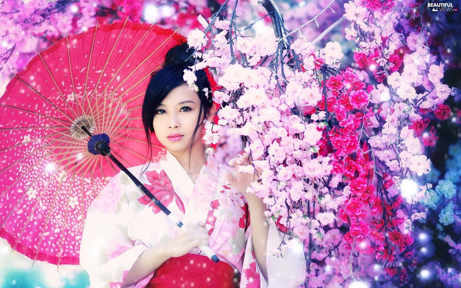日本女孩粉色花卉美学 壁纸