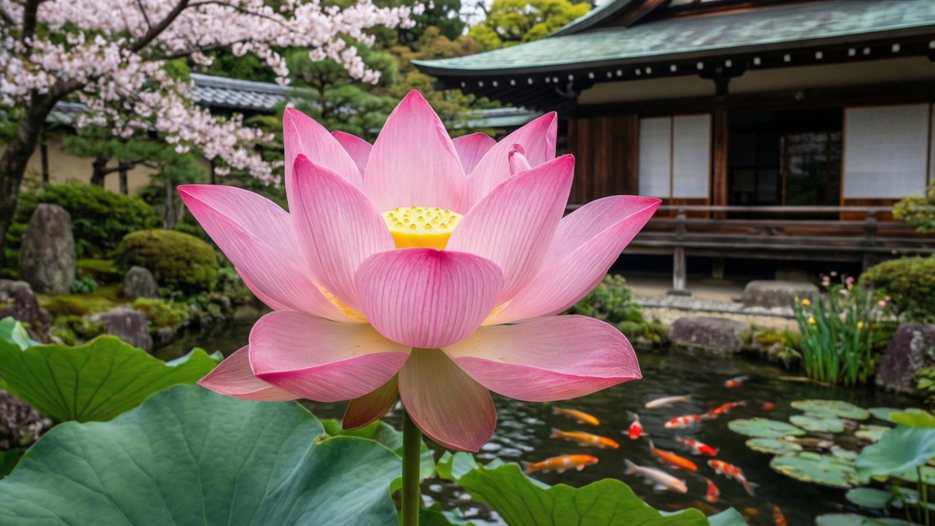 日本庭园莲花 壁纸