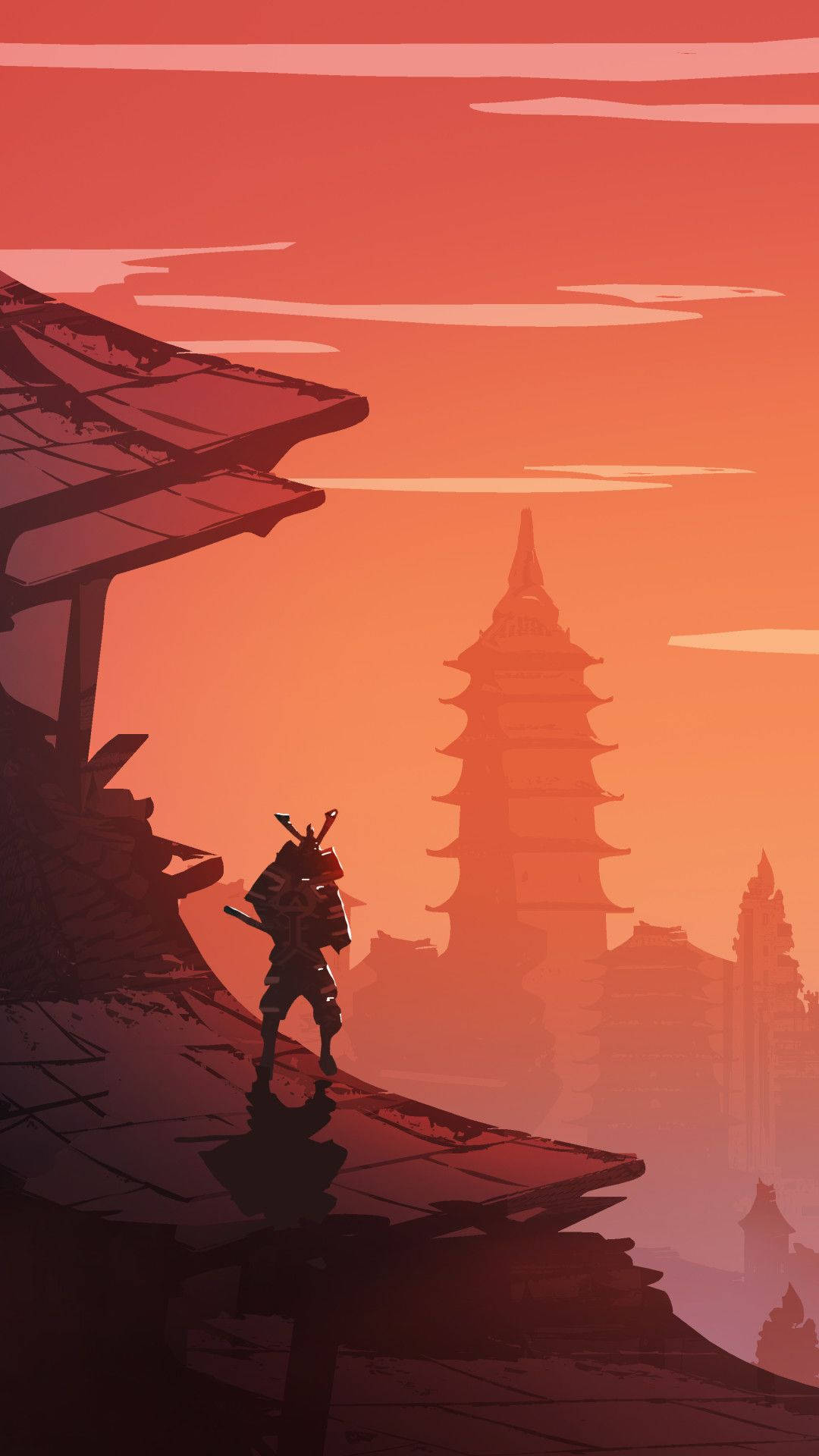 日本武士夕阳寺庙 壁纸