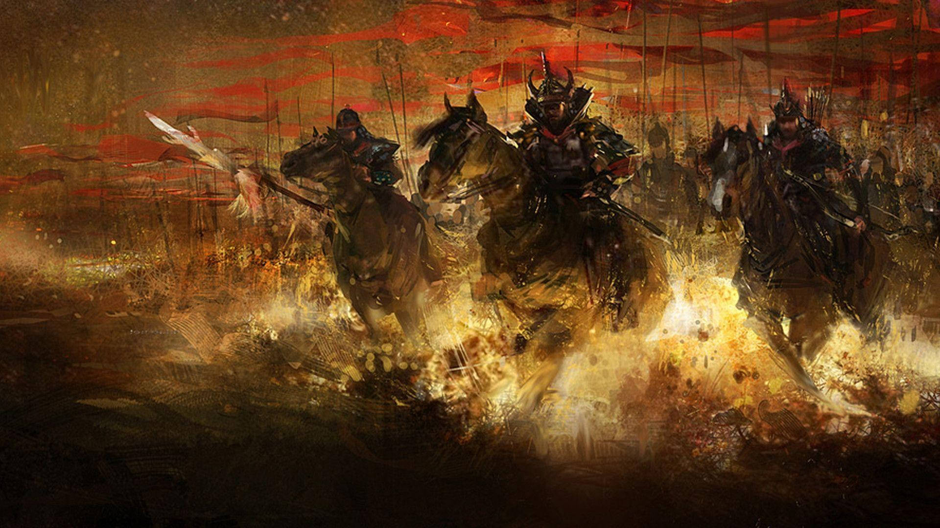 日本武士火焰与战马 壁纸