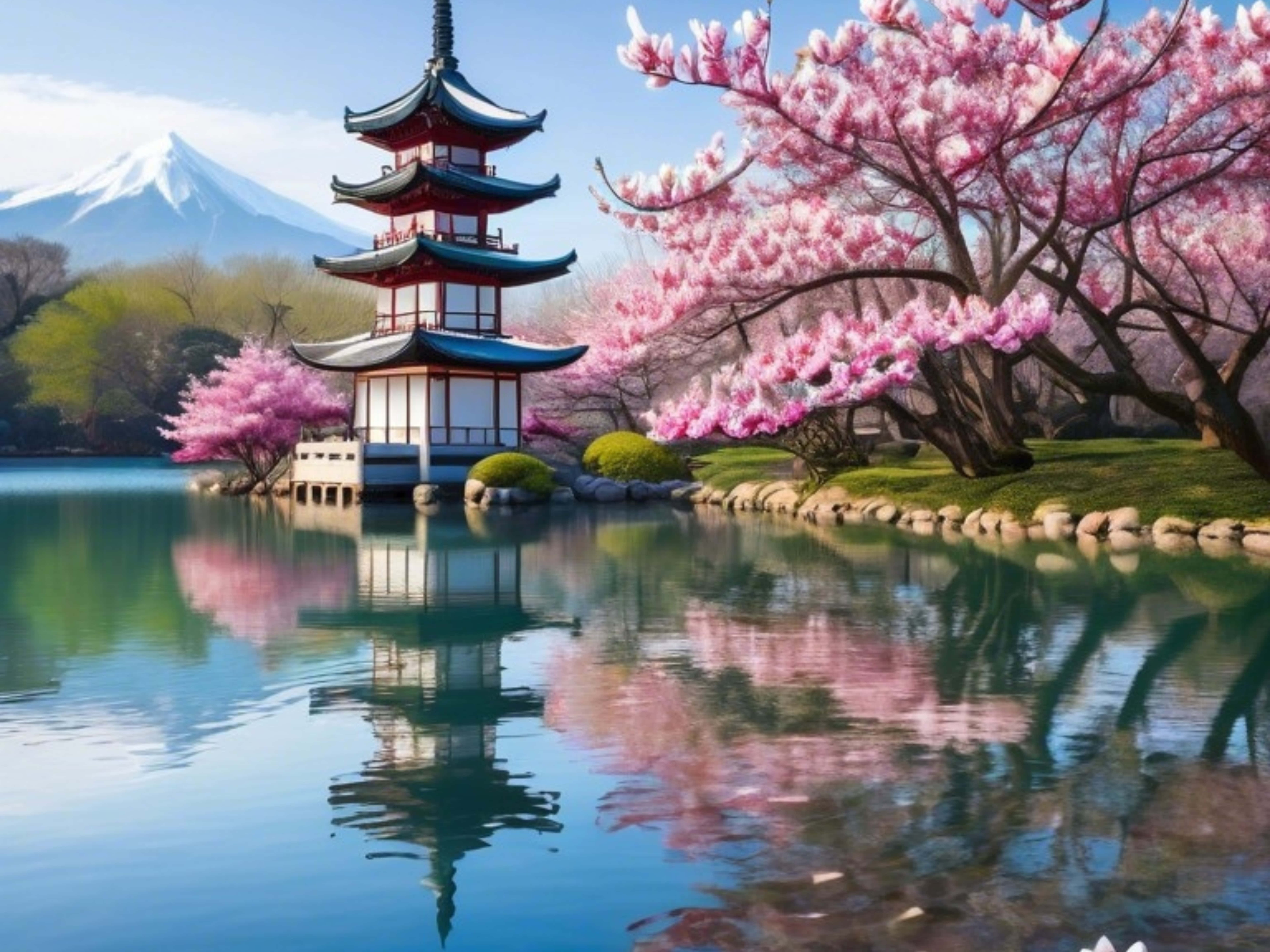 日本风景：宁静湖泊、樱花树、神社与群山 壁纸