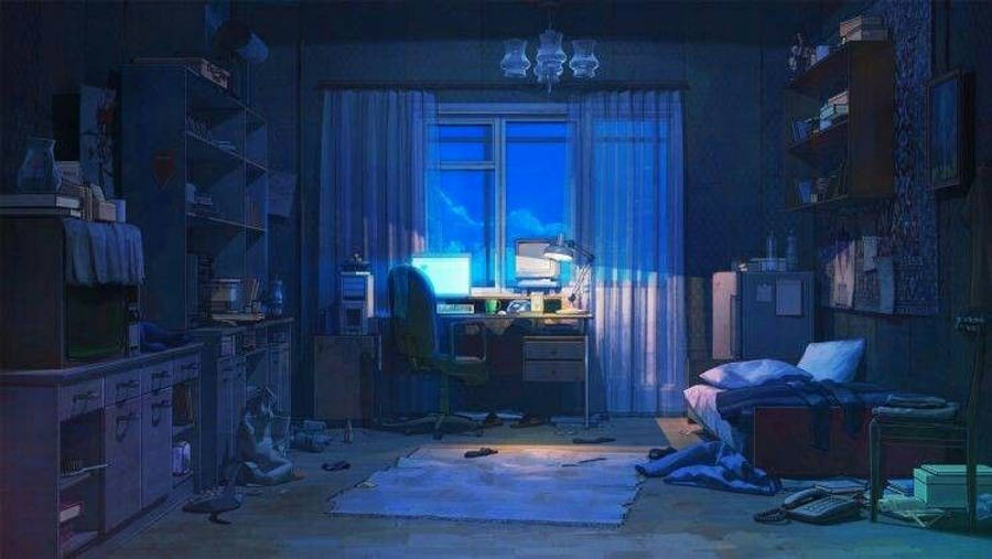 昏暗动漫房间中亮着屏幕的笔记本电脑 壁纸