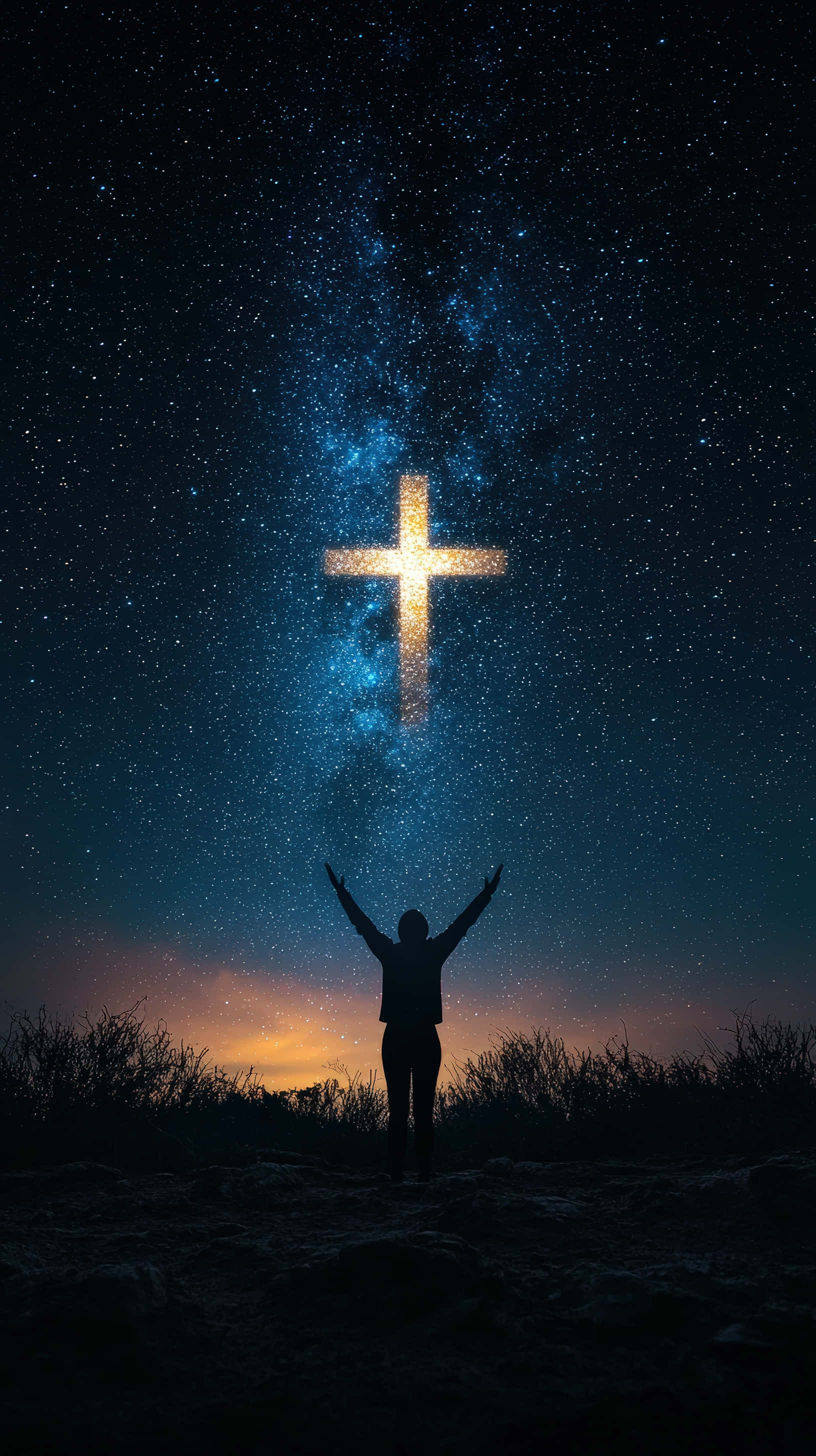 星空下，一人剪影高举双手朝向发光的十字架 壁纸