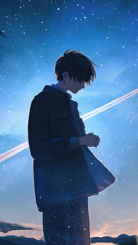 星空下独自伫立的动漫少年 壁纸
