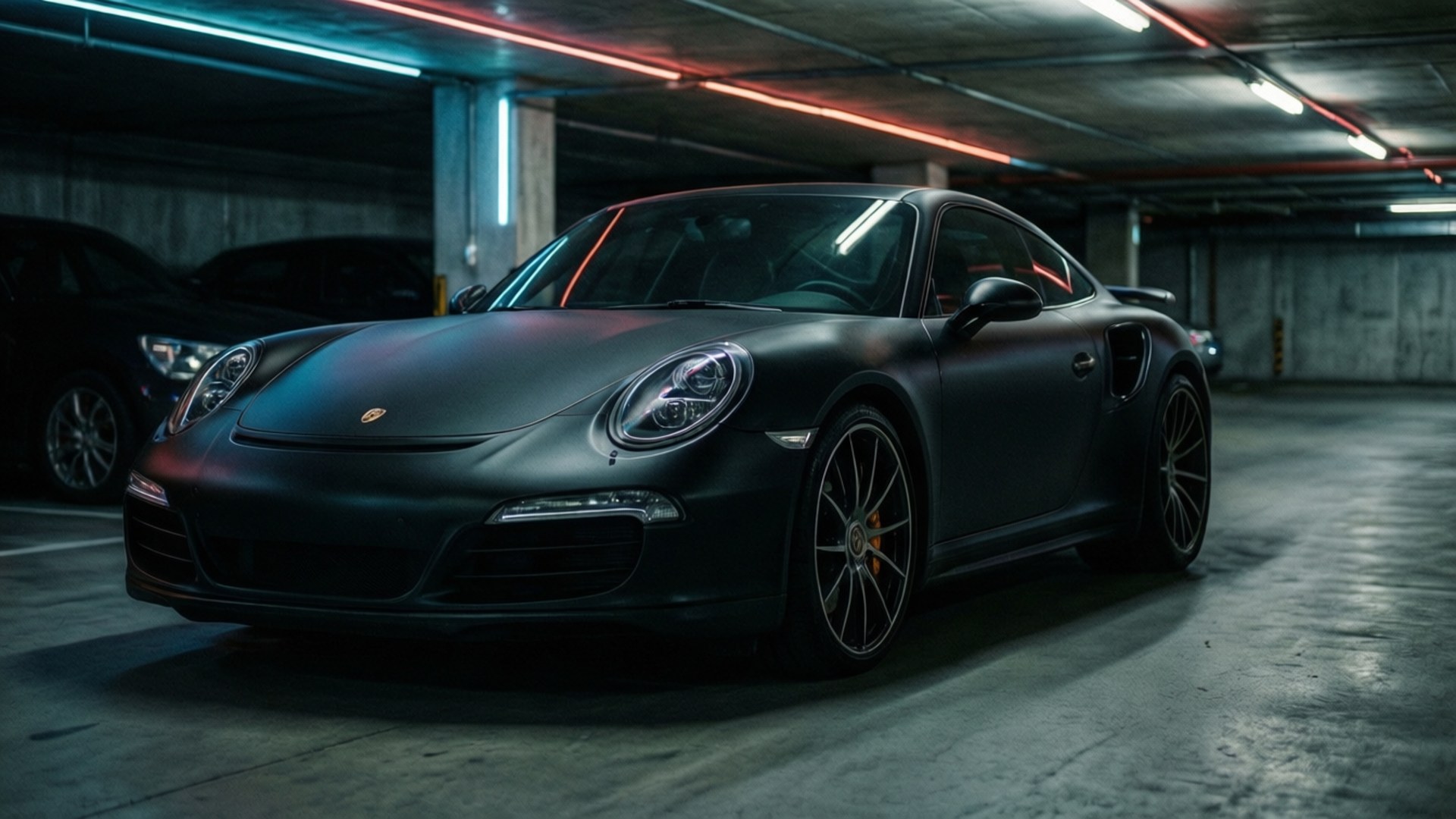 哑光黑色保时捷911 Turbo S在氛围感十足的地下停车场中格外醒目，霓虹灯光倒映车身。