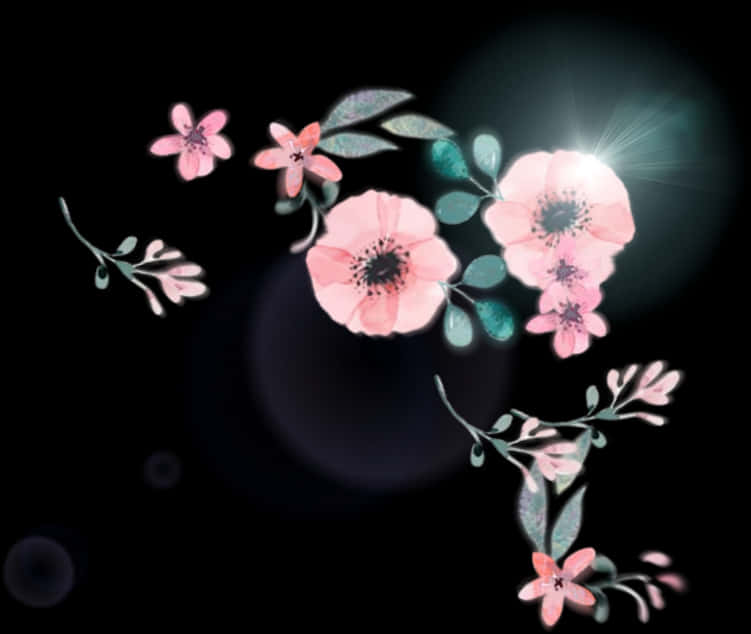 暗色背景下的粉色发光花朵 壁纸