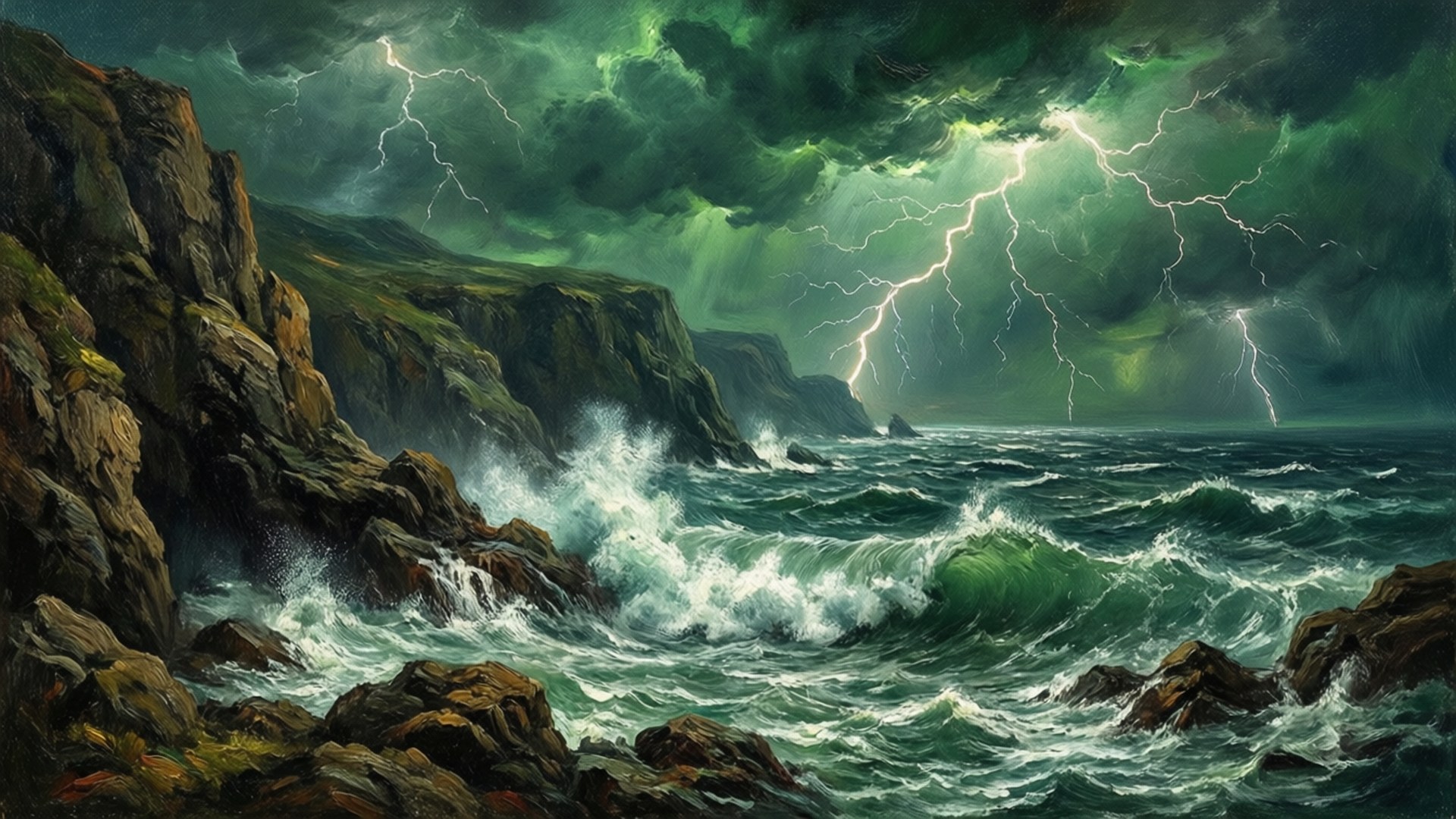 暴风雨中的绿色天空与大海 壁纸