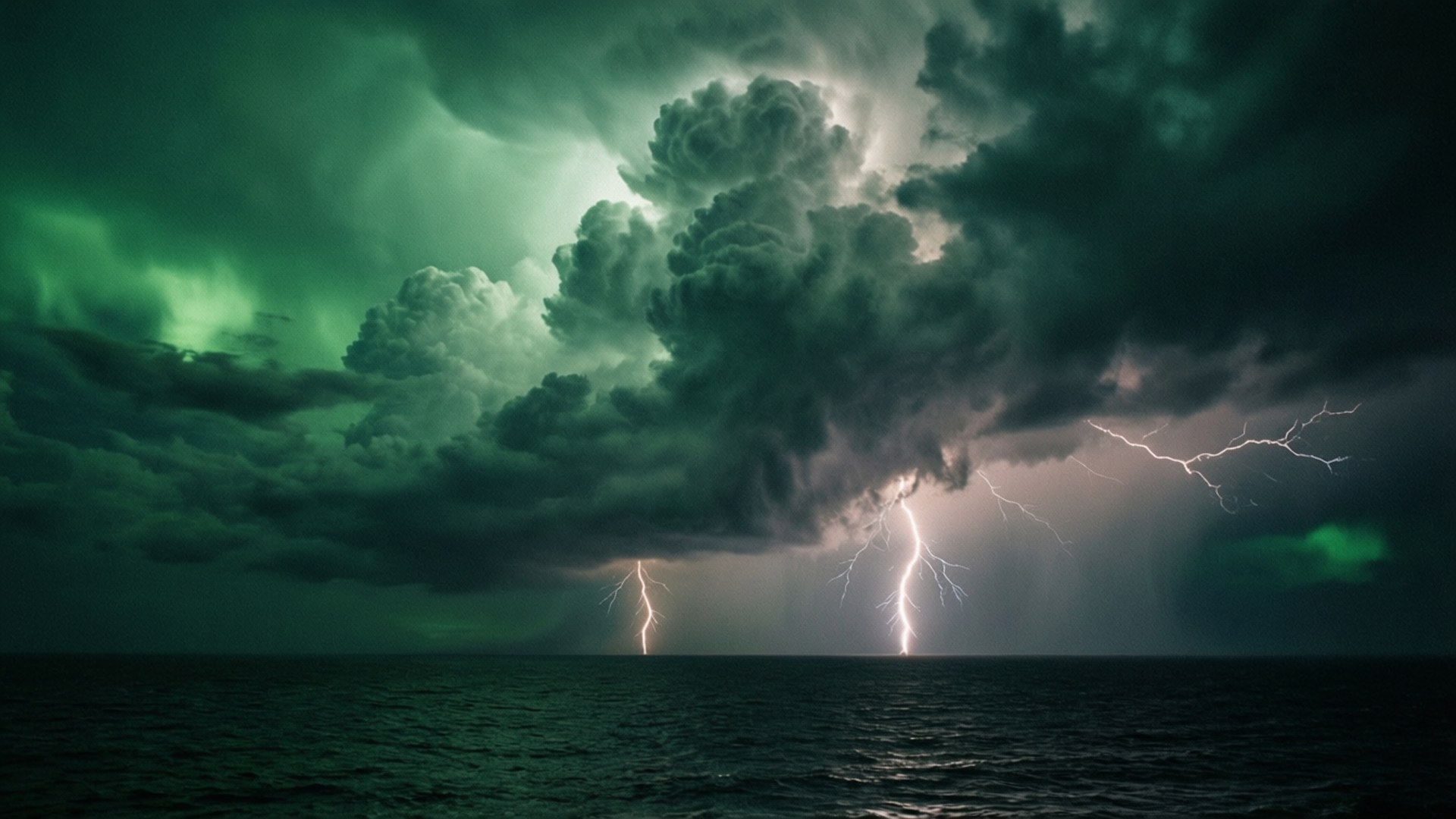 暴风雨中的绿色闪电海洋 壁纸