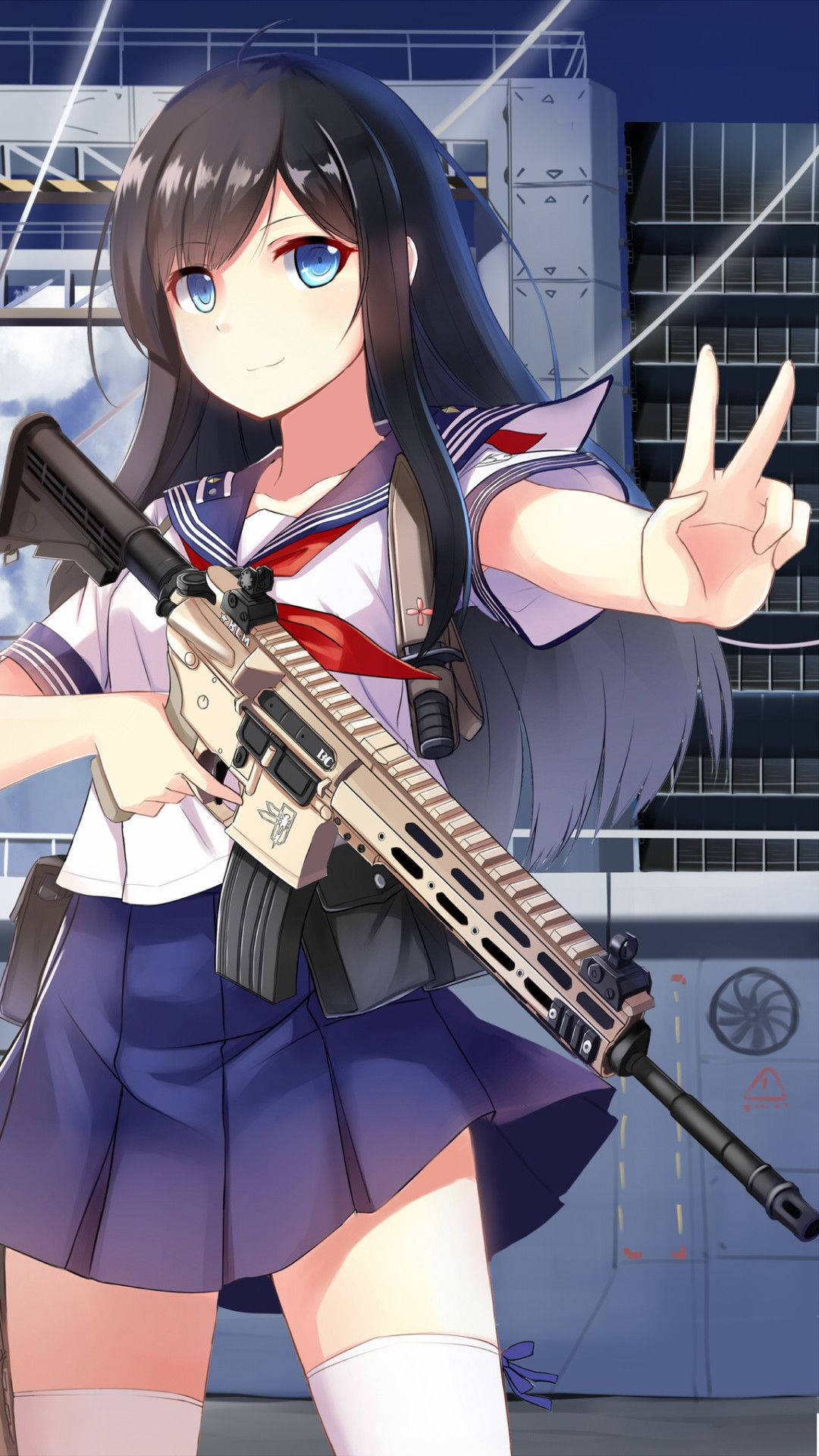 朝潮可爱动漫女孩持枪iPhone壁纸 壁纸