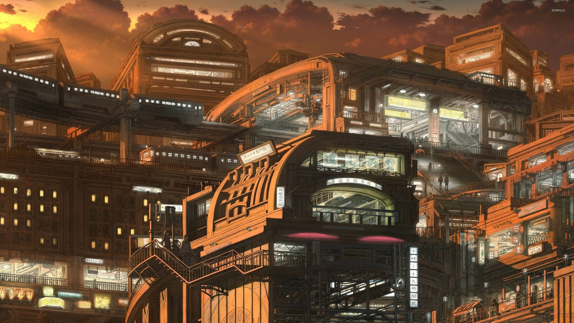 亚洲未来主义动漫城市商业建筑壁纸。