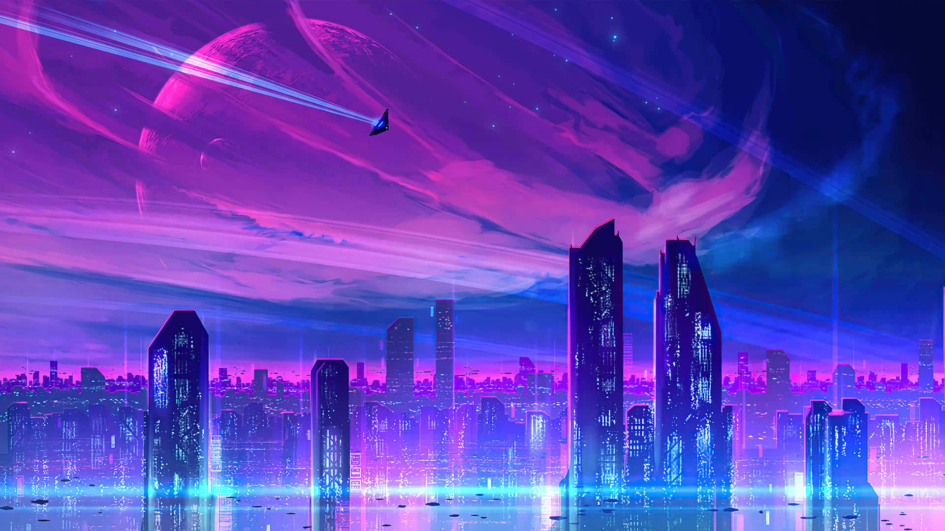 未来城市，紫色灯光与建筑 壁纸