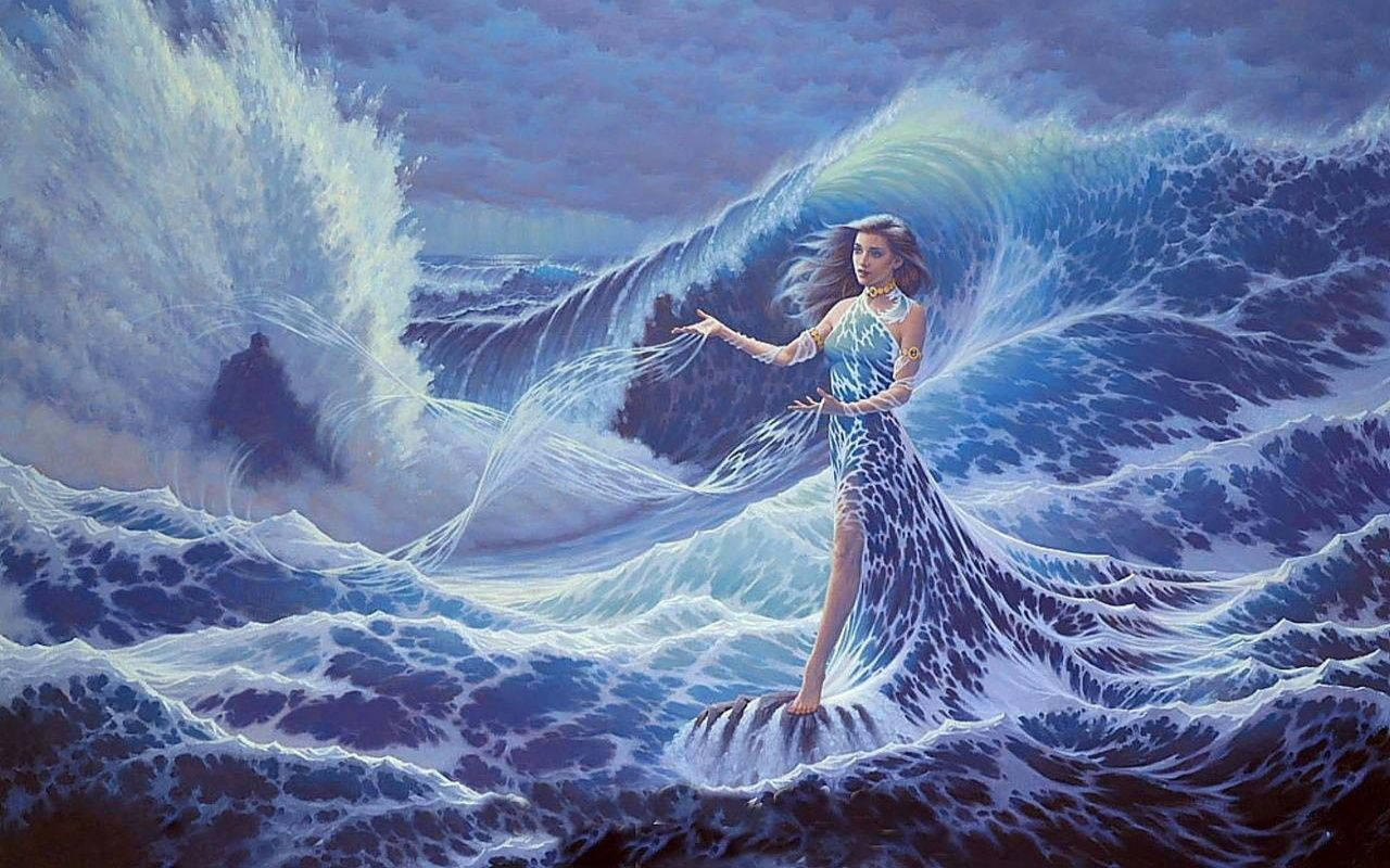 美丽美人鱼掌控海浪，神秘壁纸