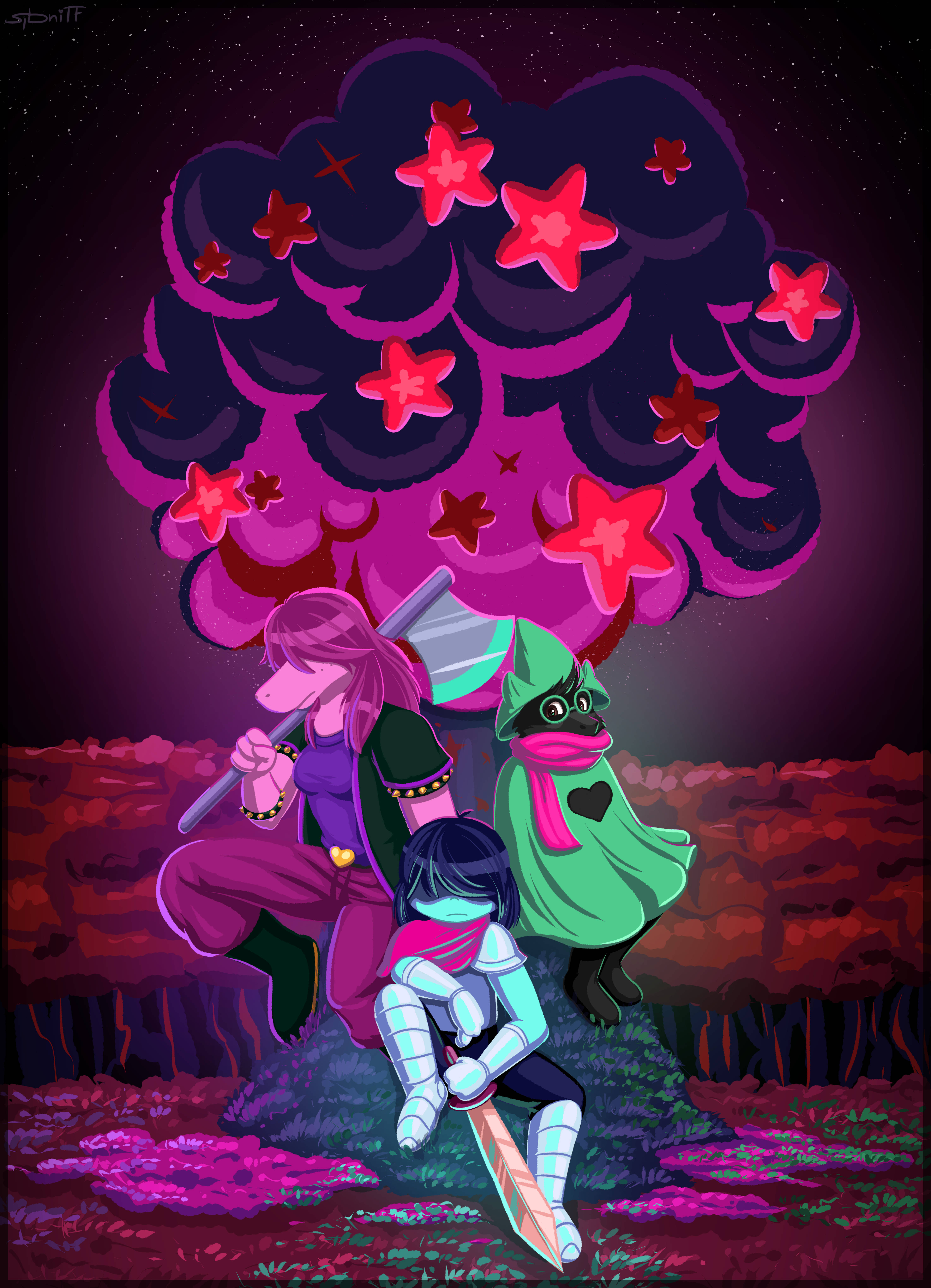来自《Deltarune》的Kris、Susie和Ralsei在夜空中 壁纸