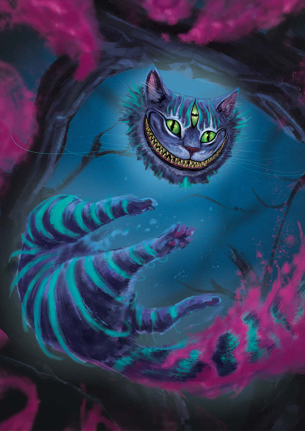 标志性的柴郡猫，带着它那顽皮的笑容，是爱丽丝梦游仙境故事中的经典角色。 壁纸