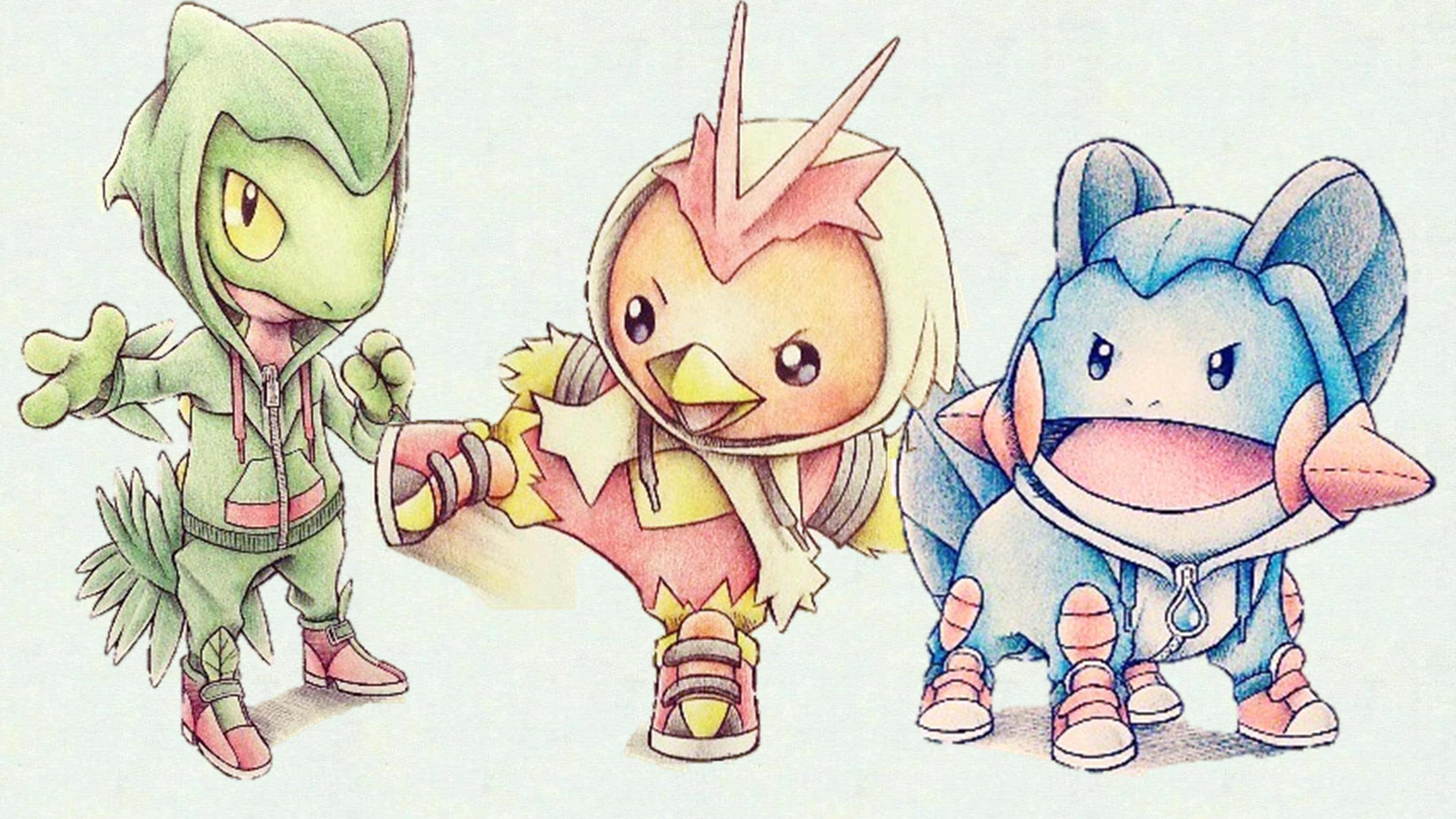 树蜥、小鸭与鱼王宝可梦画作 壁纸