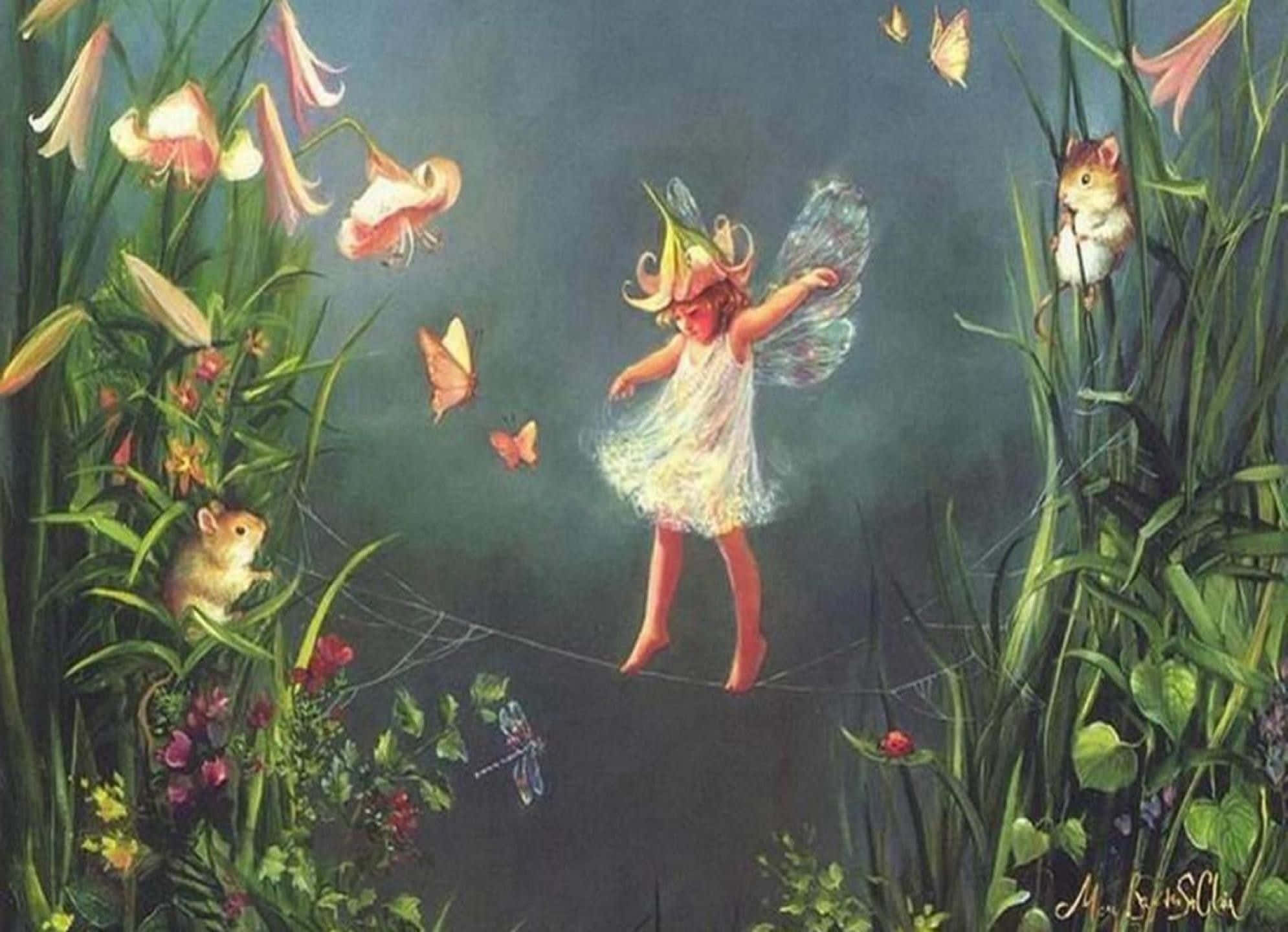 梦幻日落天空中翩翩起舞的仙灵 壁纸