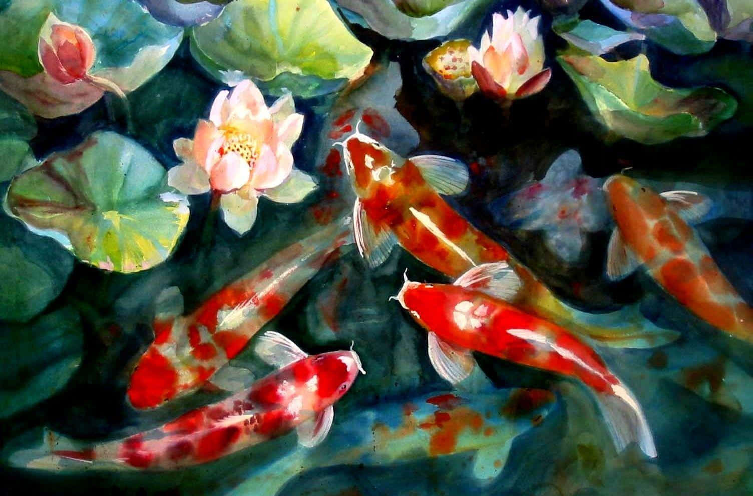 橙色活锦鲤与莲花 壁纸