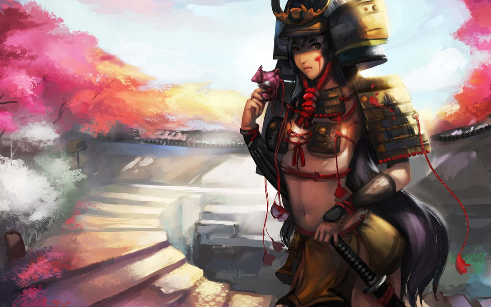 武士动漫女孩铠甲武士刀 壁纸