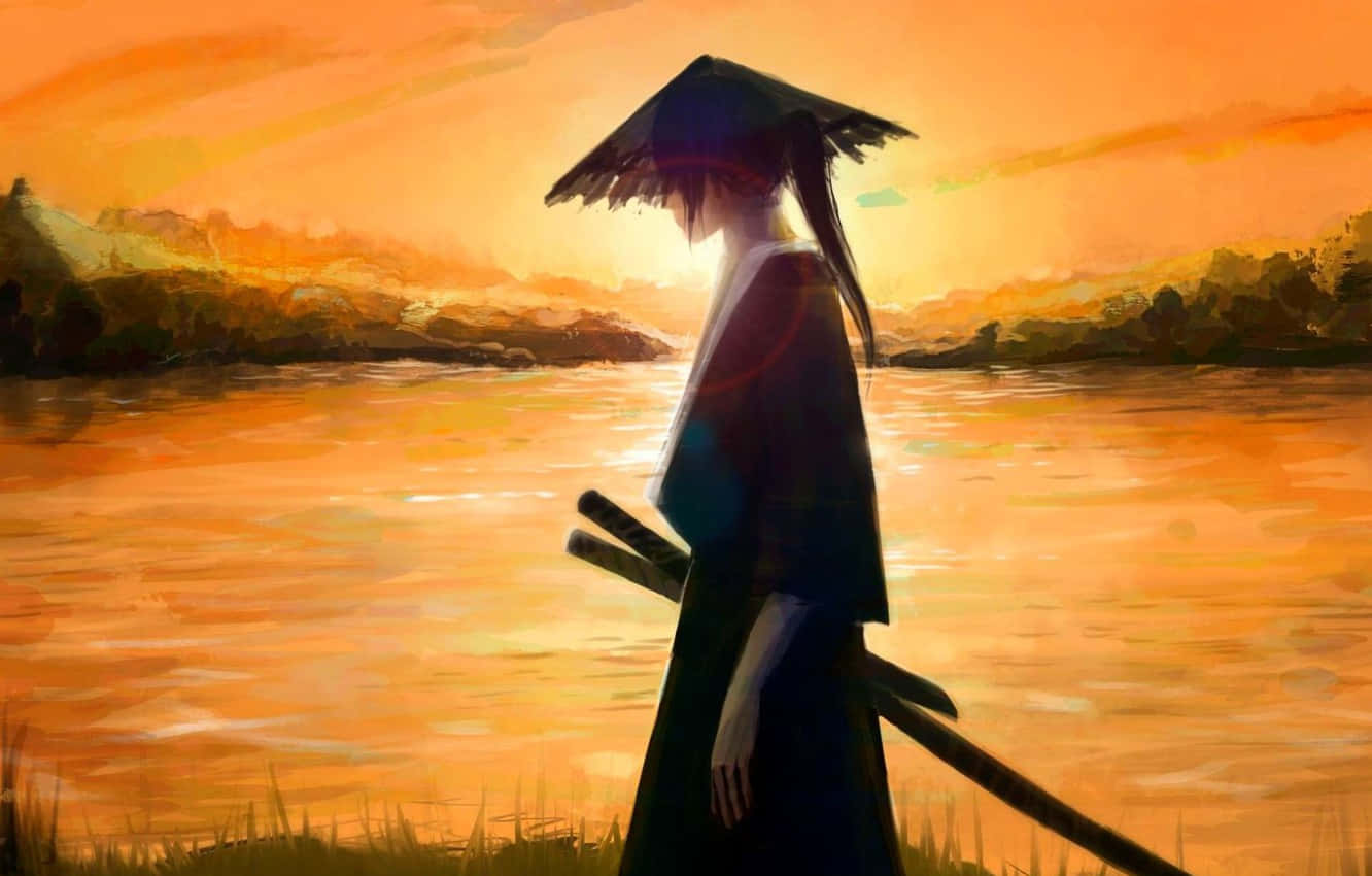 武士动漫战士独行夕阳下 壁纸