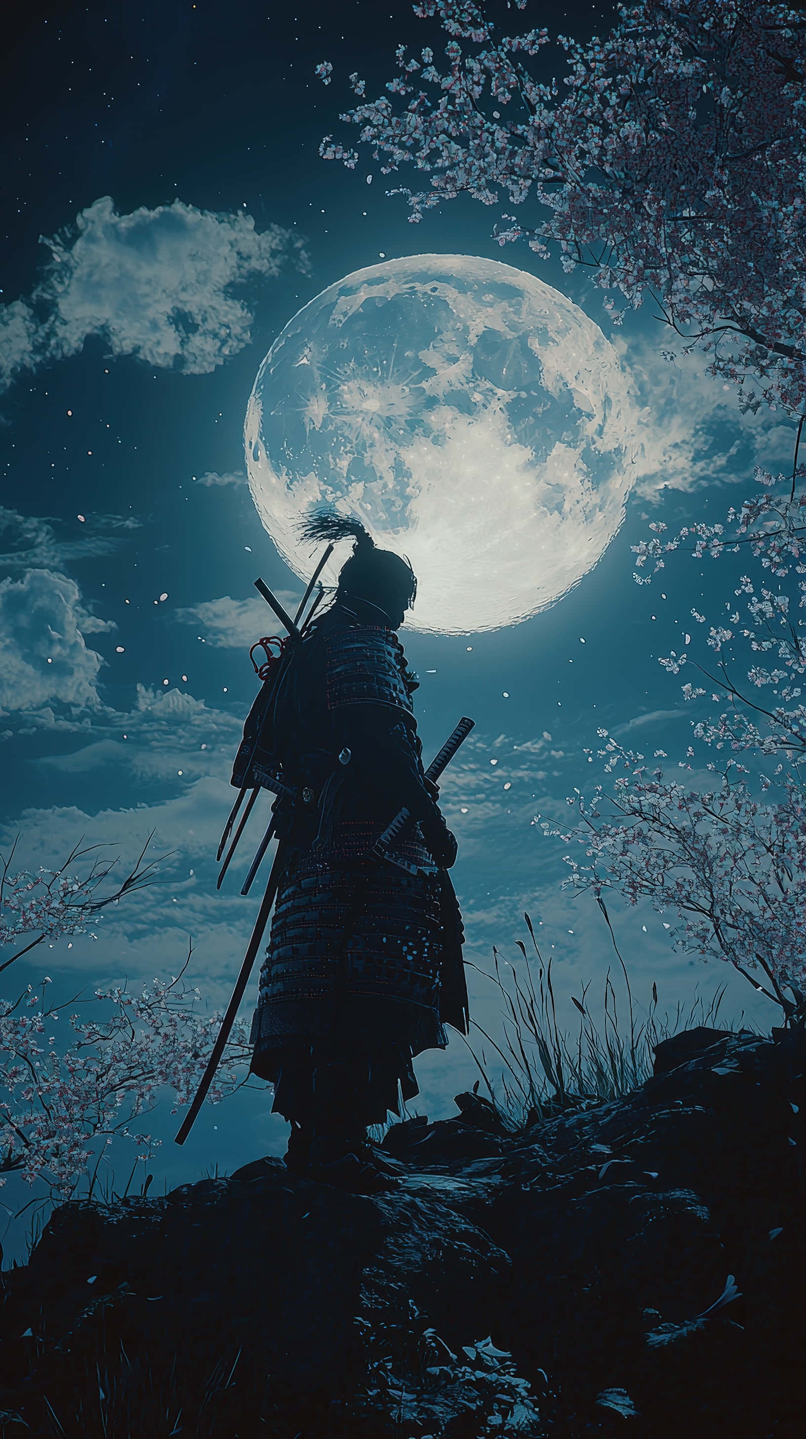 武士立于满月之下，樱花纷飞 壁纸