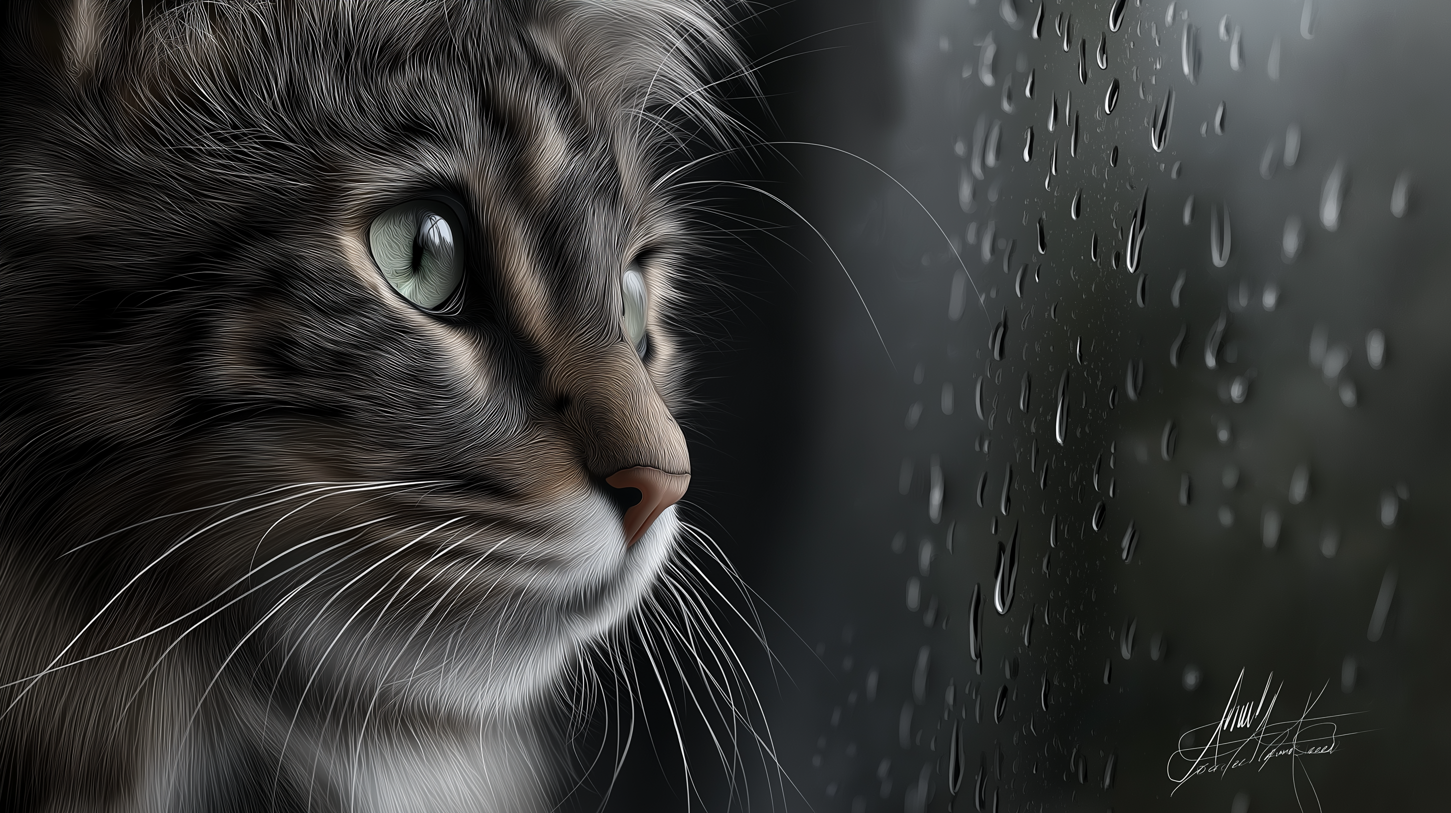 毛茸茸的猫咪望向雨窗 壁纸