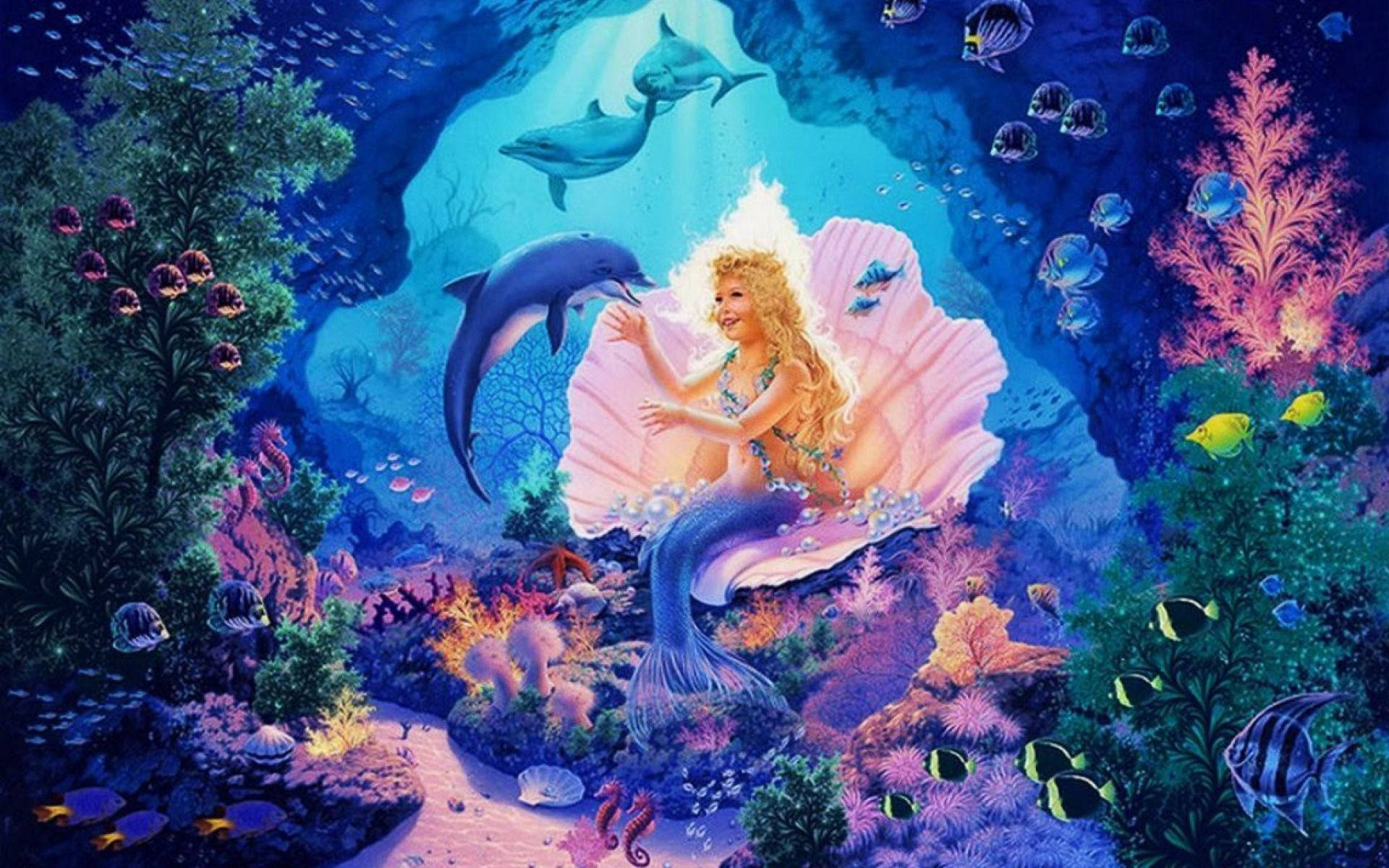 色彩鲜艳的海底壁纸，美人鱼公主坐在巨大的贝壳上。