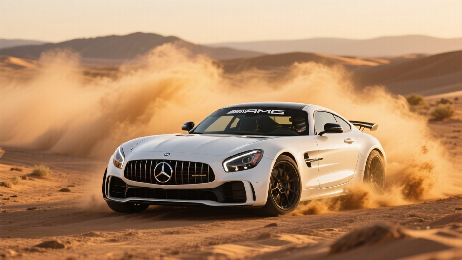 白色梅赛德斯-AMG GT R在金色黄昏的沙漠中漂移