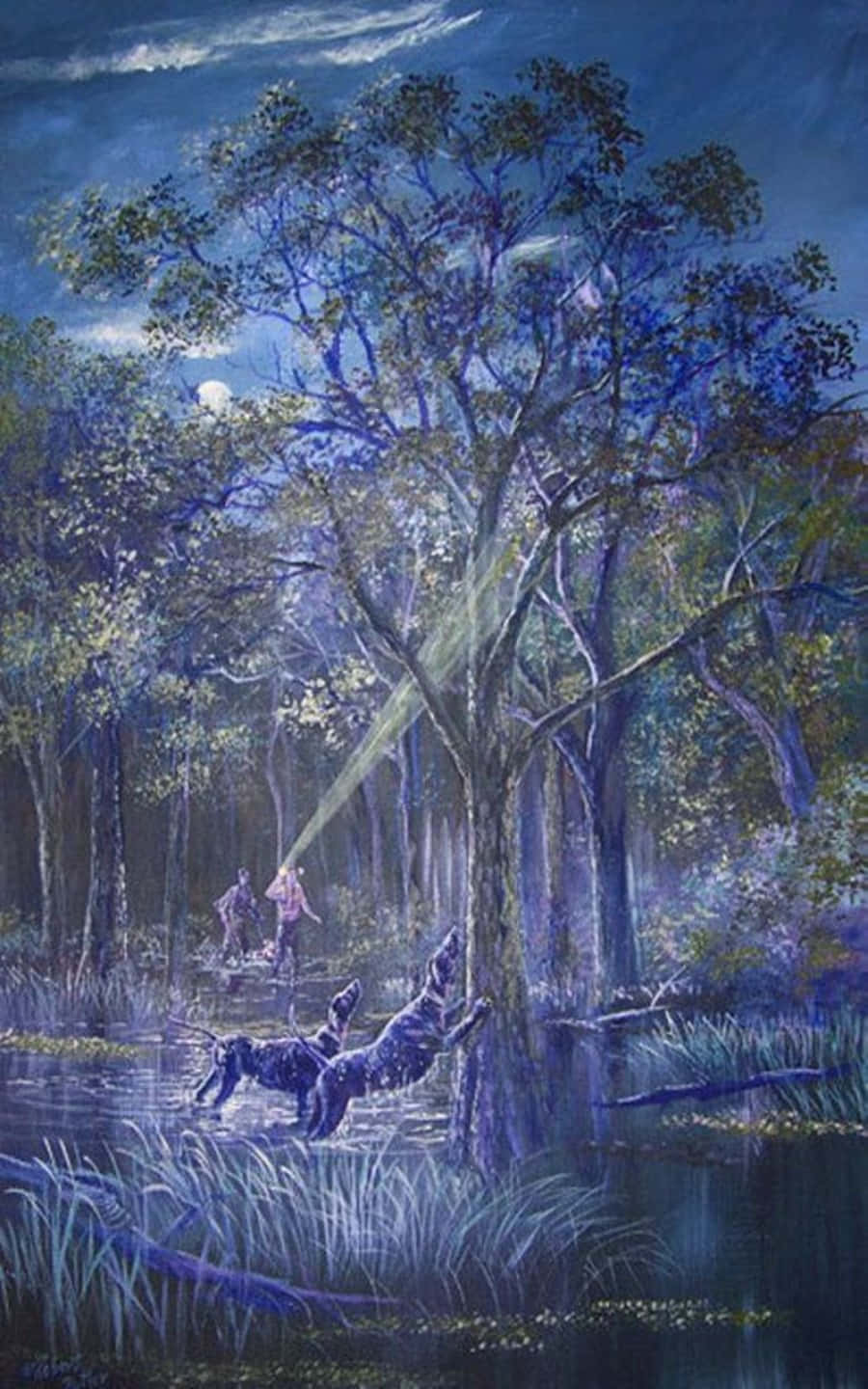 浣熊猎犬对着树吠叫的绘画 壁纸