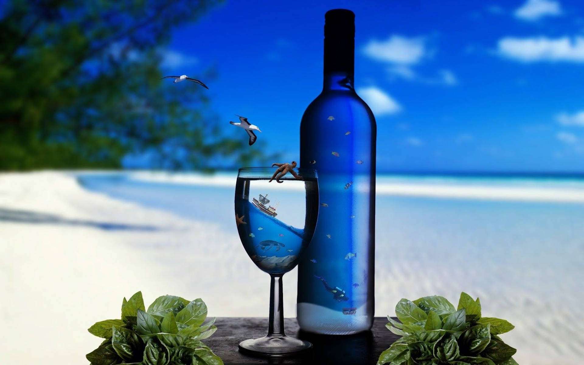 蓝色海洋饮料海滩高清壁纸