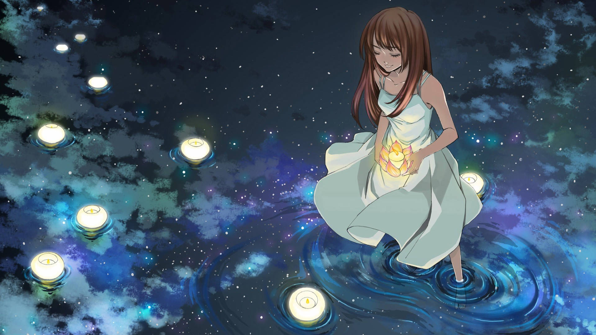 湖中美丽动漫少女 壁纸