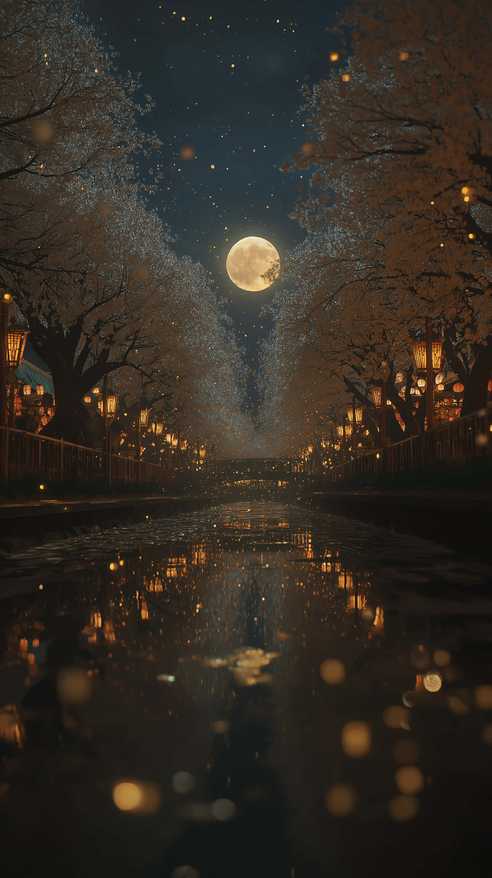 满月下梦幻的夜樱河畔 壁纸