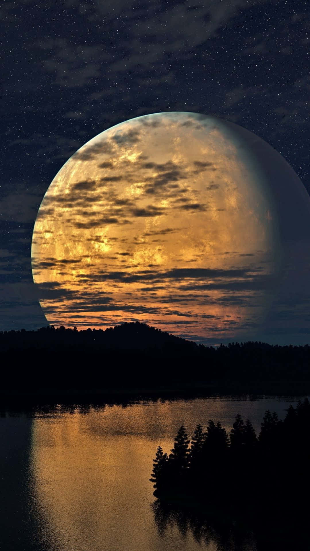 满月映照湖面夜景 壁纸