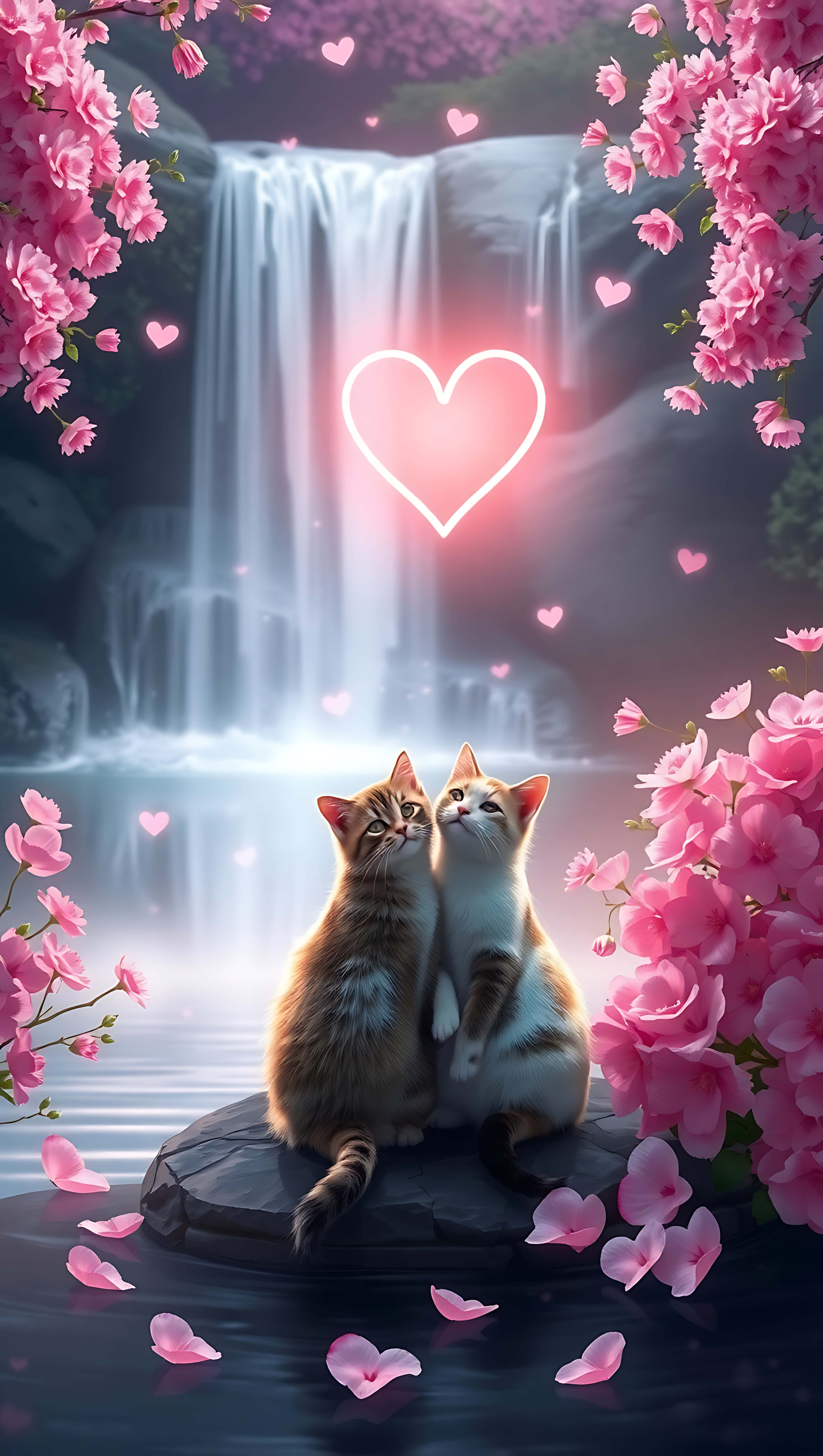 瀑布边的浪漫猫咪，手机壁纸 壁纸