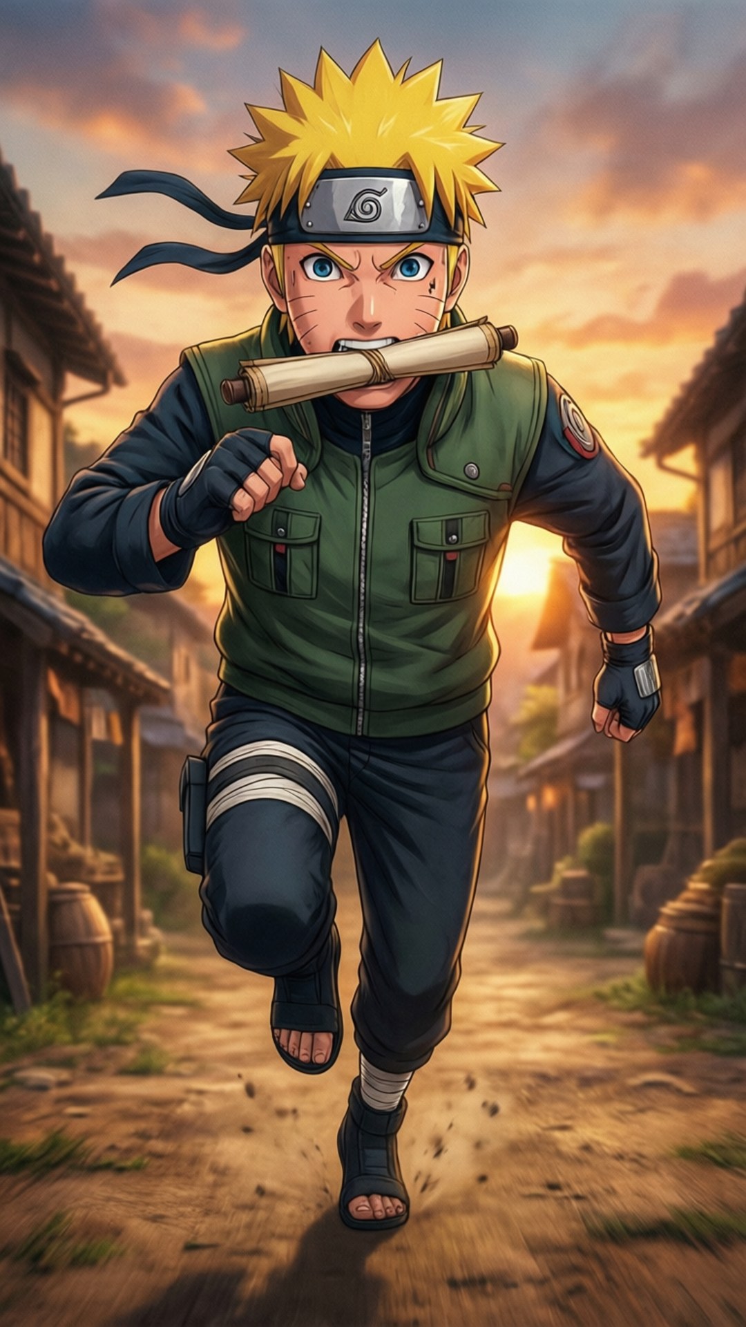 鸣人手持卷轴奔跑的动态场景。