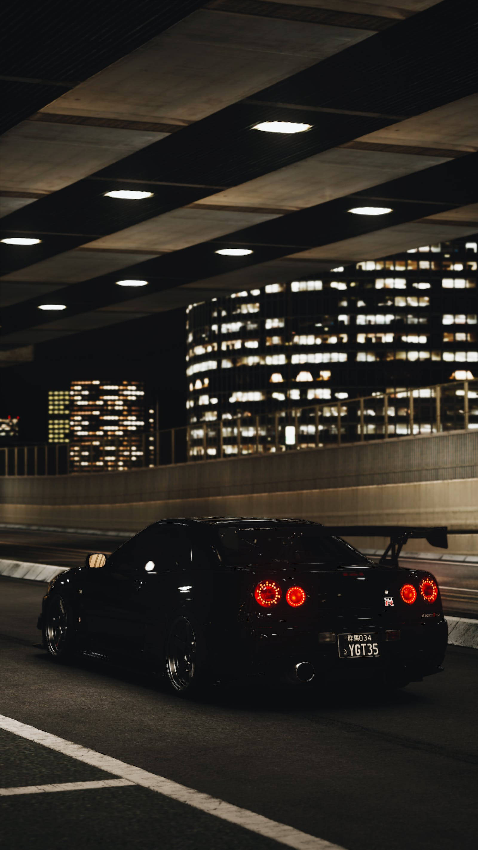 灯光与黑色日产GT-R 4K 壁纸