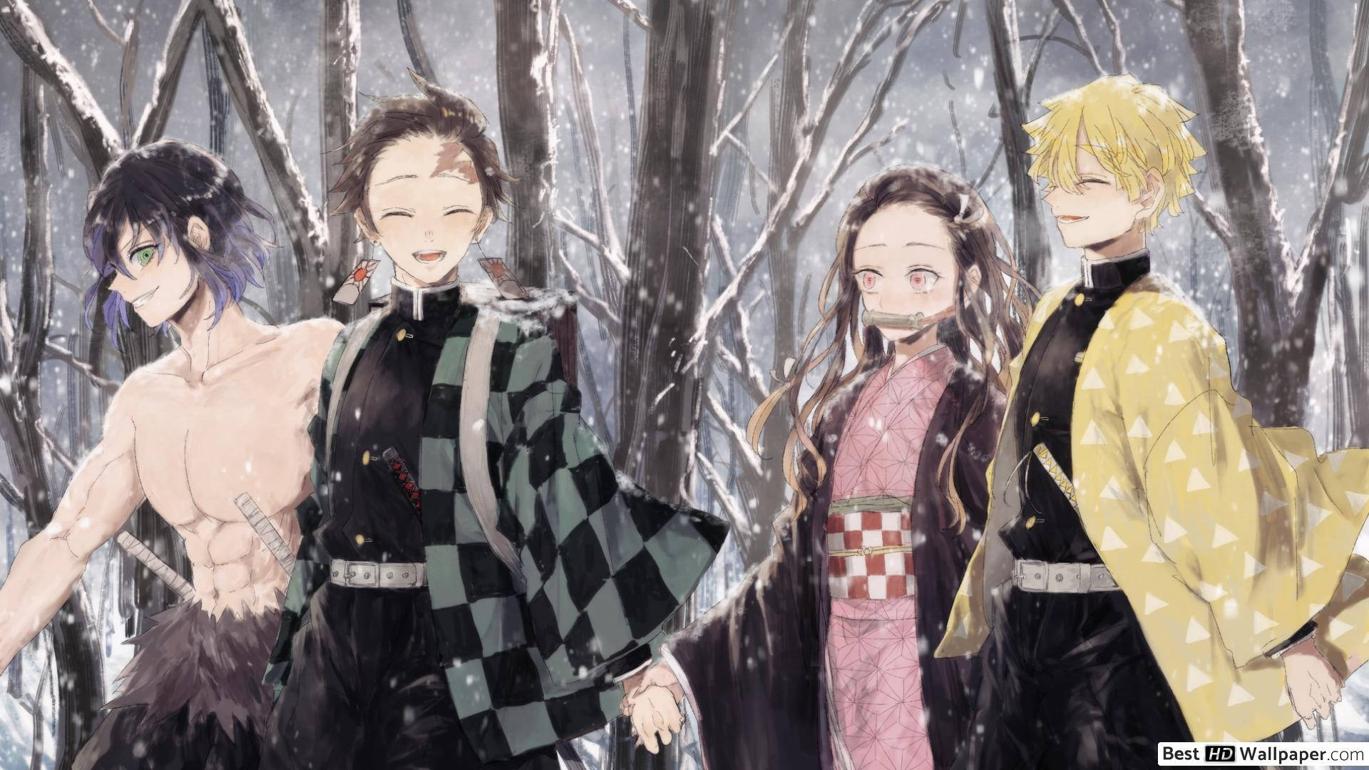鬼灭之刃壁纸：炭治郎与同伴行走在雪林