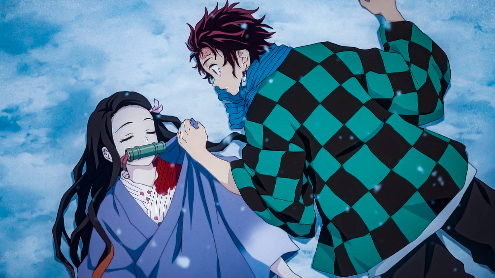 鬼灭之刃壁纸：炭治郎在雪地上注视着祢豆子。 — 鬼灭之刃 壁纸