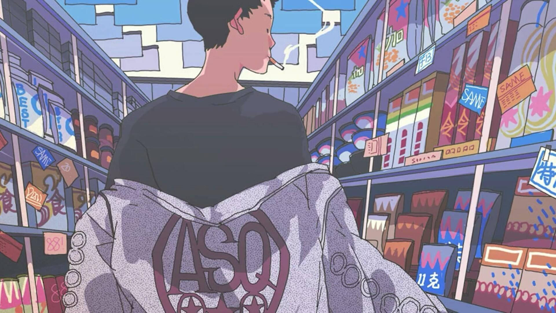 独立审美风格笔记本电脑壁纸：杂货店中的动漫少年 壁纸