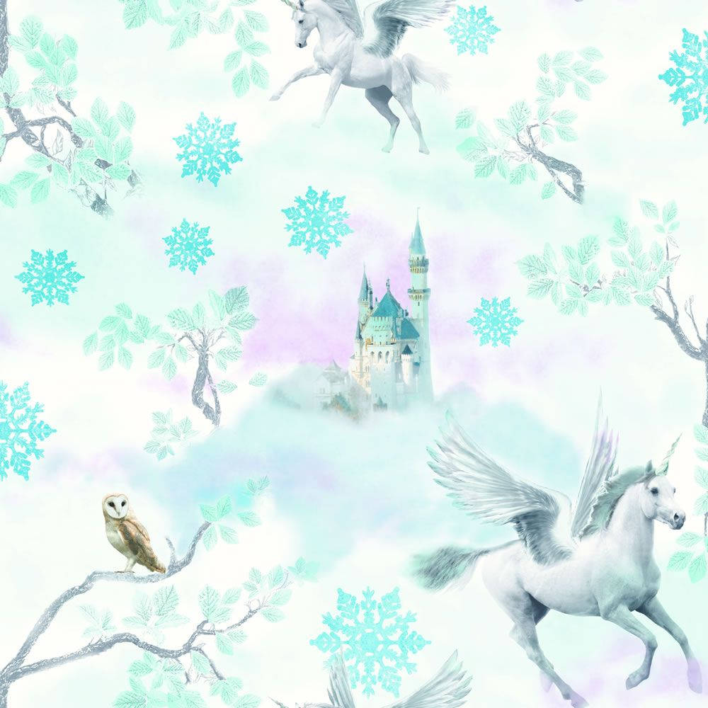 独角兽墙壁图案，带有蓝色雪花、树枝、中央城堡和绿色叶子。