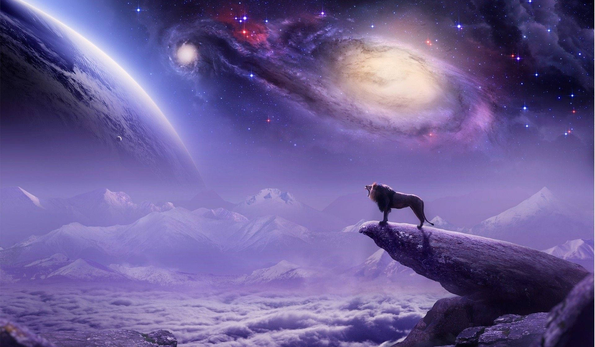 狮子剪影紫色星系 壁纸