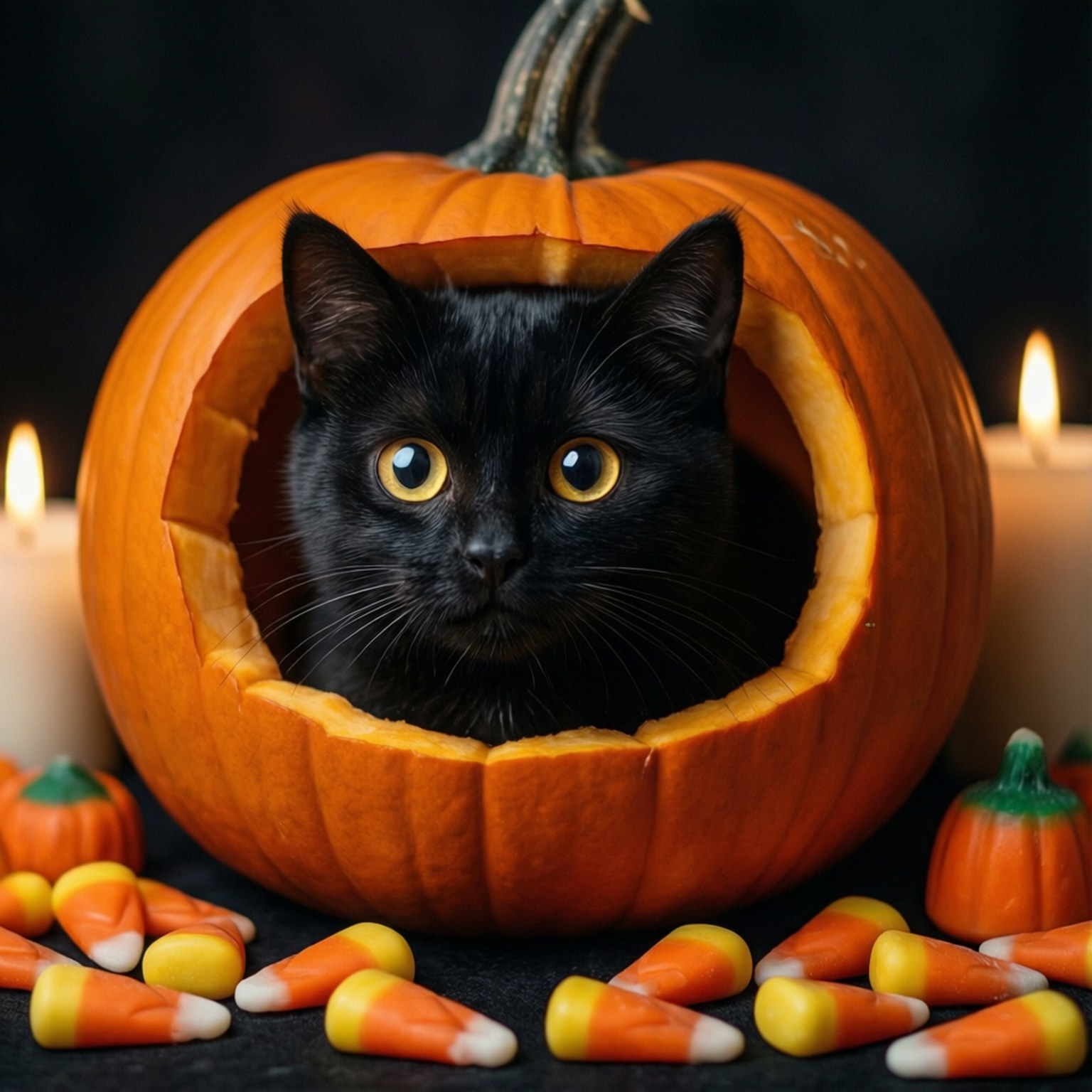 猫咪从南瓜中探出头来 壁纸