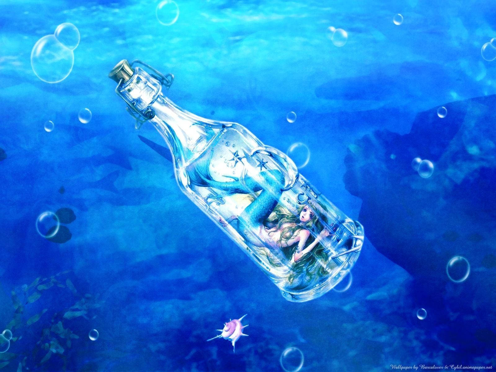 美人鱼困在瓶中，蓝色海洋壁纸艺术品