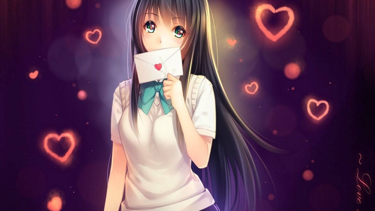 长黑发动漫女孩咬情书壁纸