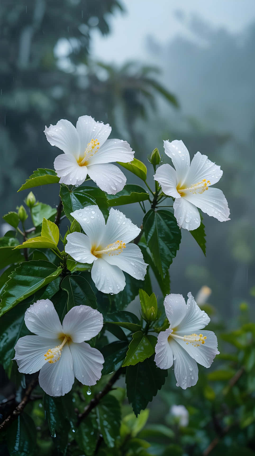 自然、花卉、花朵、背景、春天、雨、树木、绿色、热带、绽放、花园、美丽、叶子、微距、天然、白色花朵、美学、AI生成、生成式AI、壁纸 — 美学 壁纸