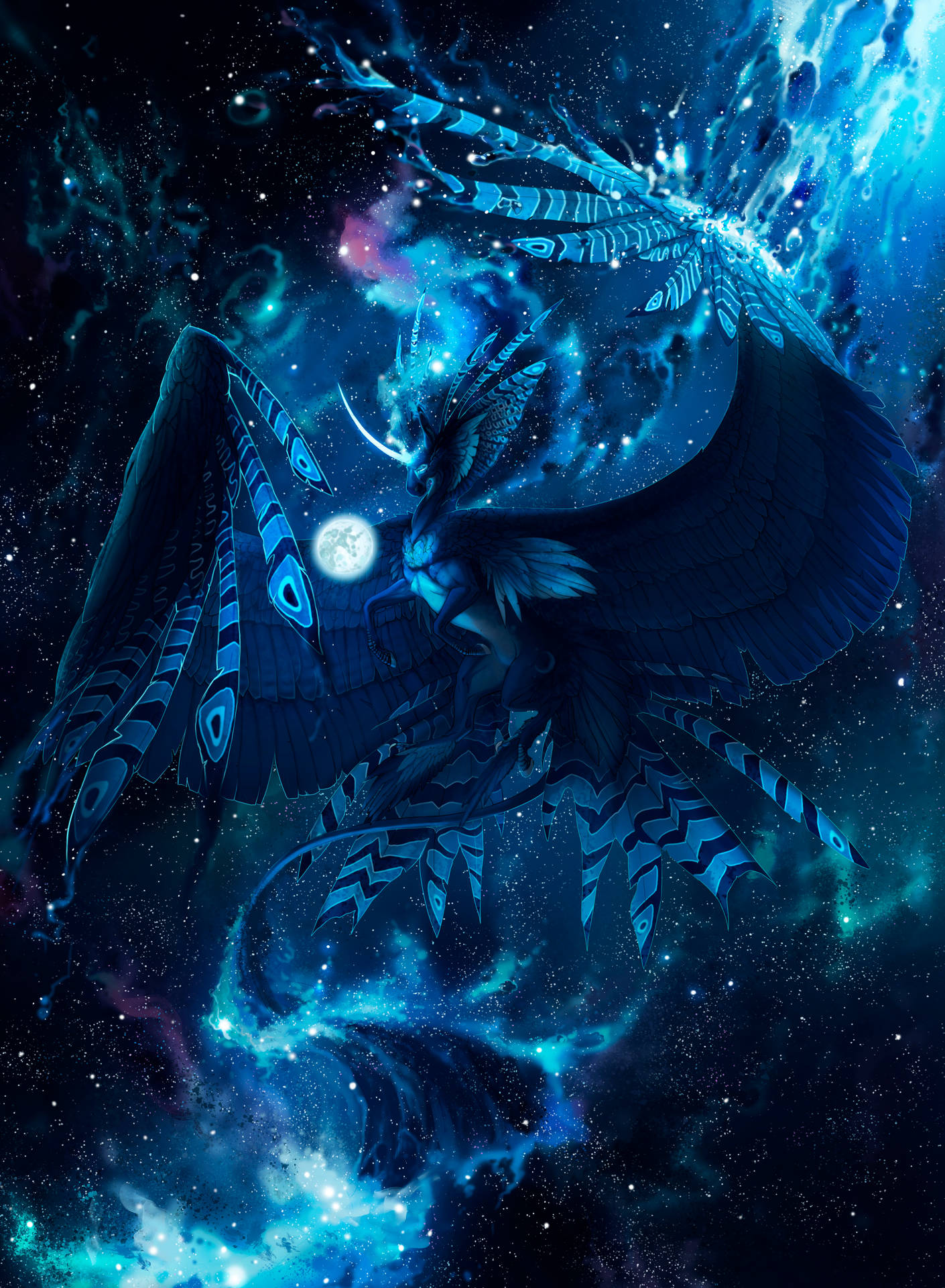 神秘的独角兽生物，拥有奇幻的蓝色金属鸟翼，置身于发光的星系中。
