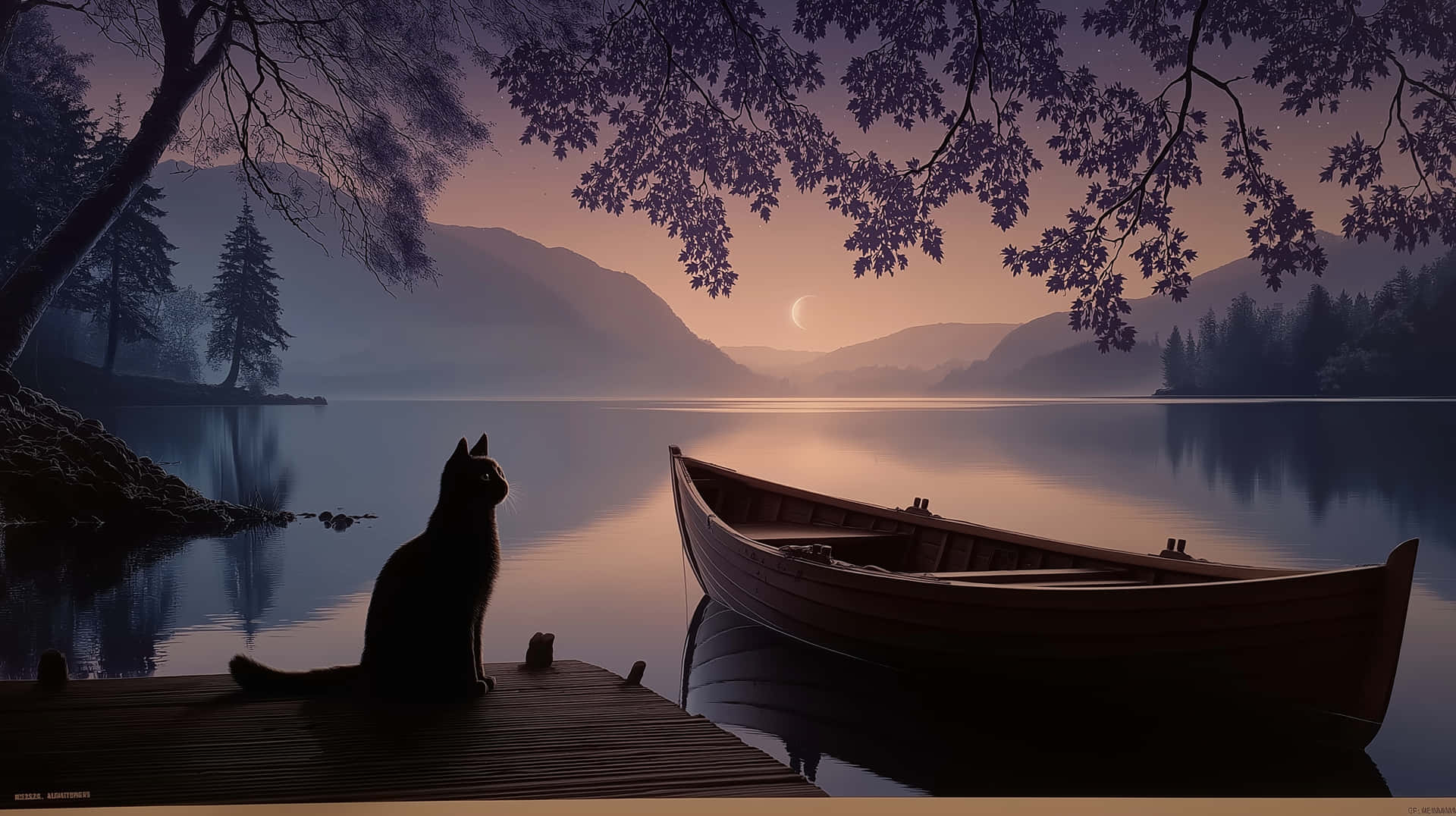 猫，动物，宠物，码头，湖泊，暮色，山脉，小船，自然，风景，宁静，神秘，平和，倒影，户外