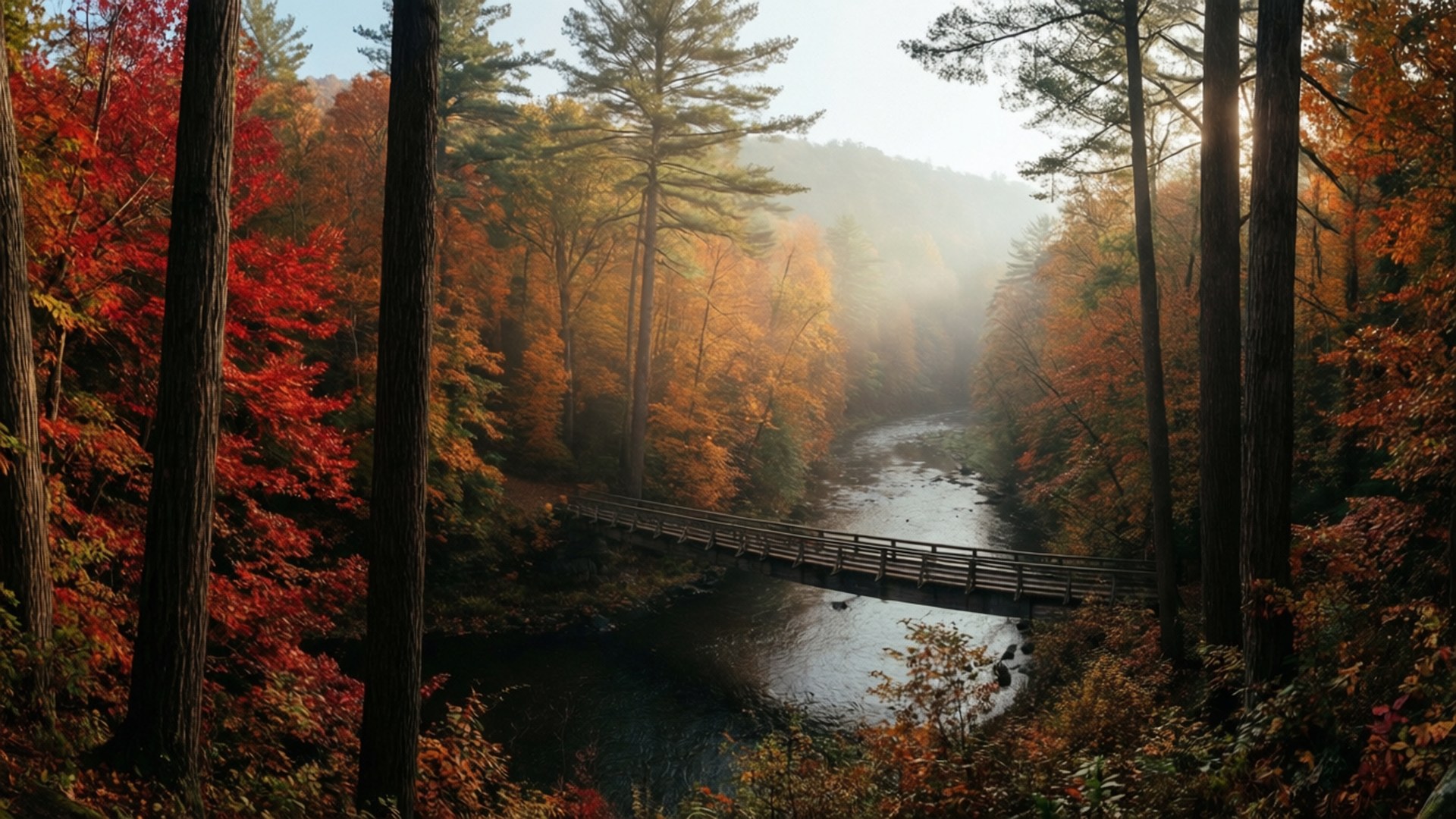 秋林河景 壁纸